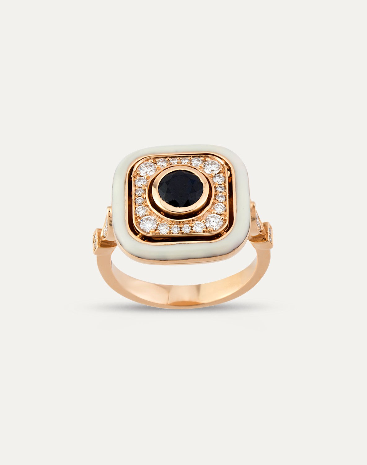 Inel din aur roz 18k cu diamante, safir si email alb - Bijuterii LA ROSA