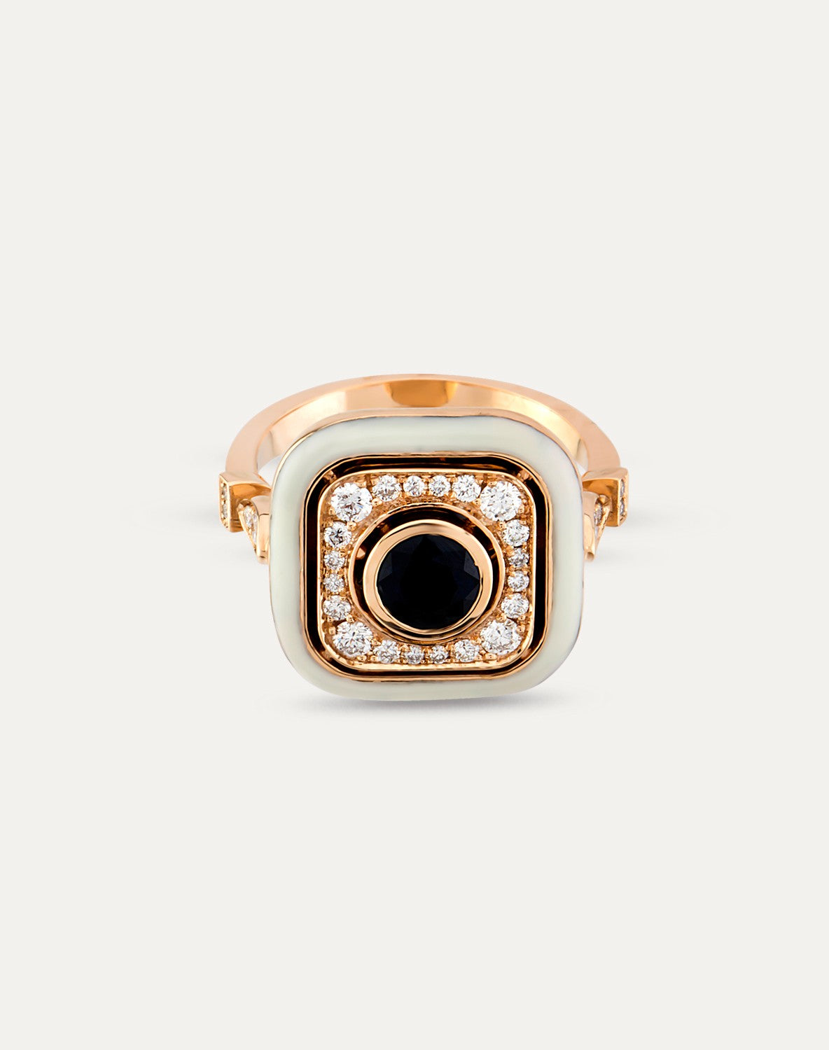 Inel din aur roz 18k cu diamante, safir si email alb - Bijuterii LA ROSA