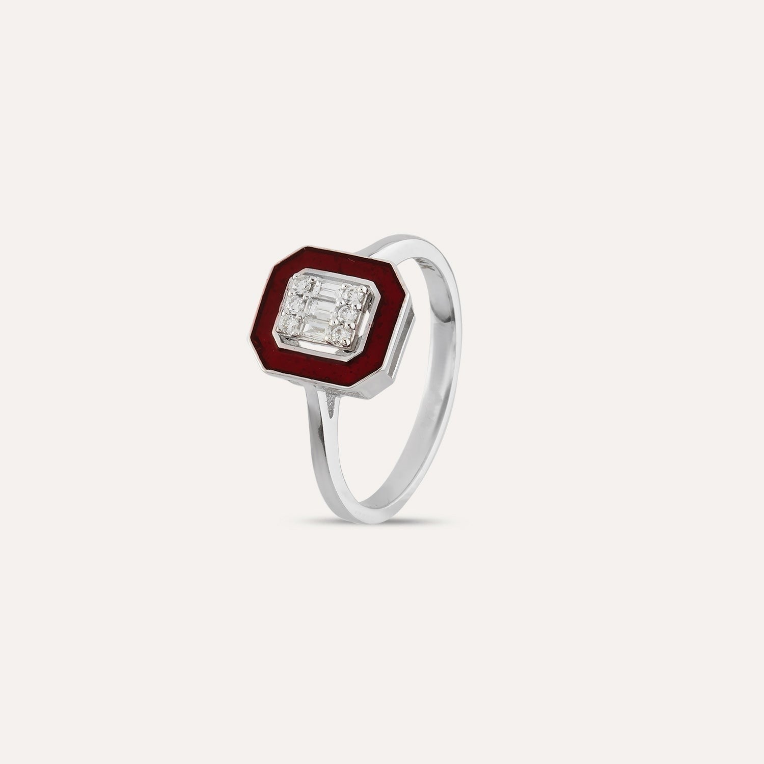 Inel octagon din aur alb 14k cu diamante bagheta si email bordo - Bijuterii LA ROSA