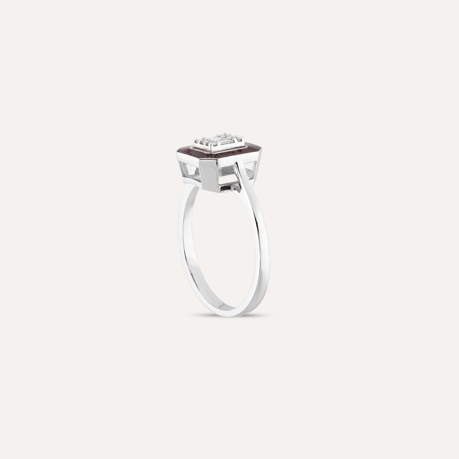 Inel octagon din aur alb 14k cu diamante bagheta si email bordo - Bijuterii LA ROSA