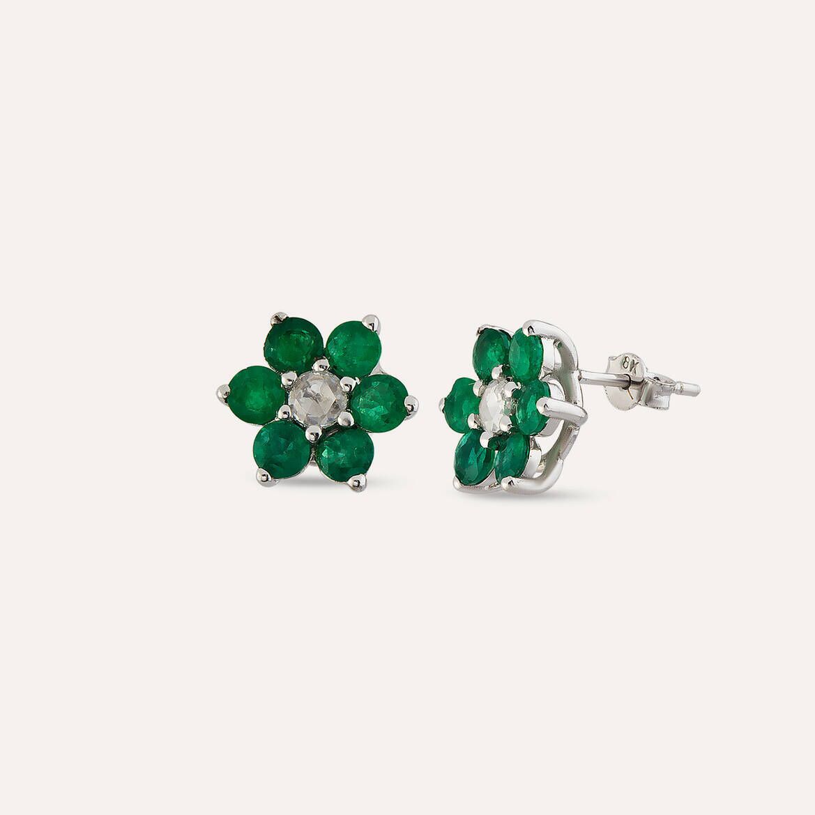 CERCEI KP19698 DIN AUR ALB 14K FORMA FLOARE CU DIAMANTE SI SMARALD - Bijuterii LA ROSA