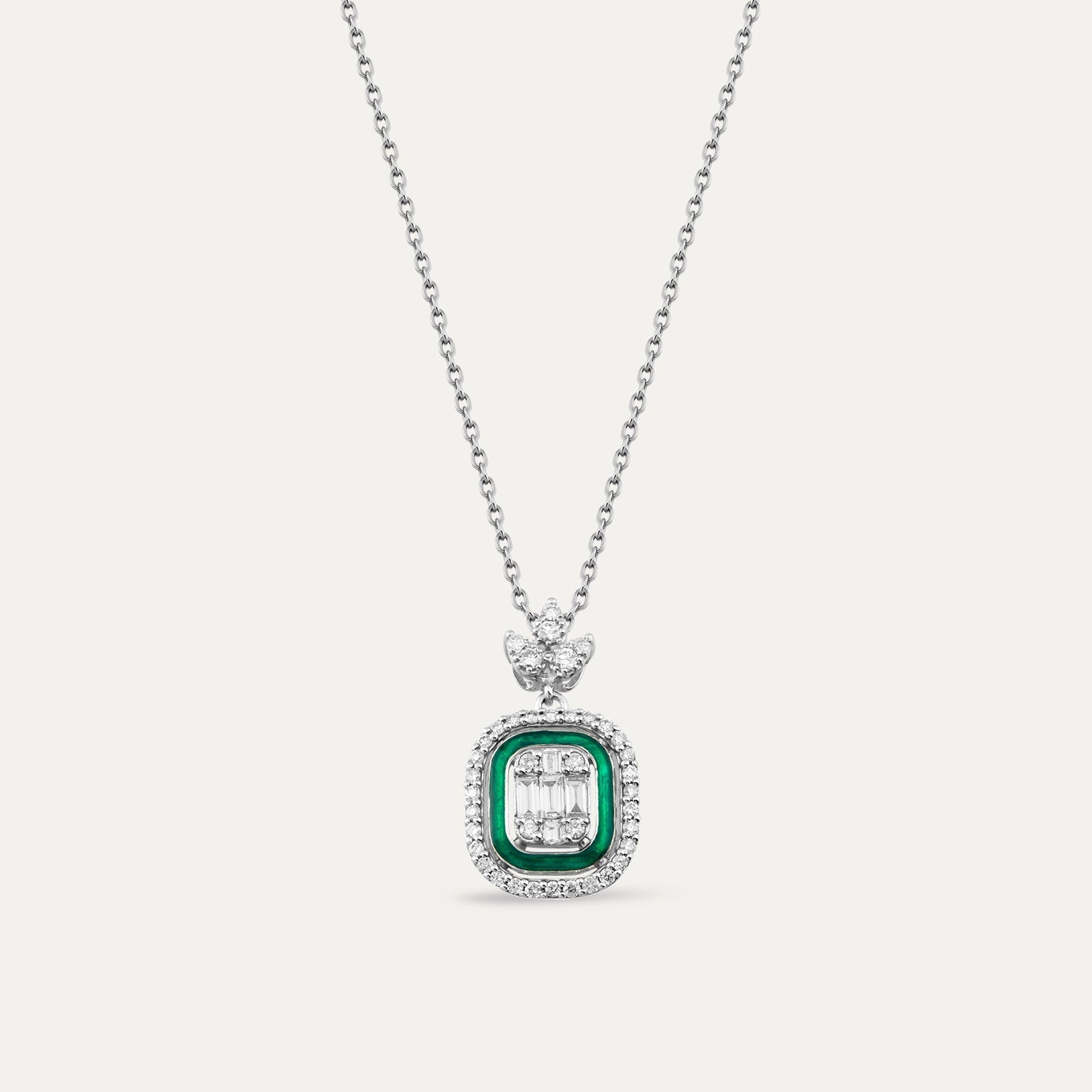 Colier din aur alb 14k cu email verde si diamante baghete - Bijuterii LA ROSA