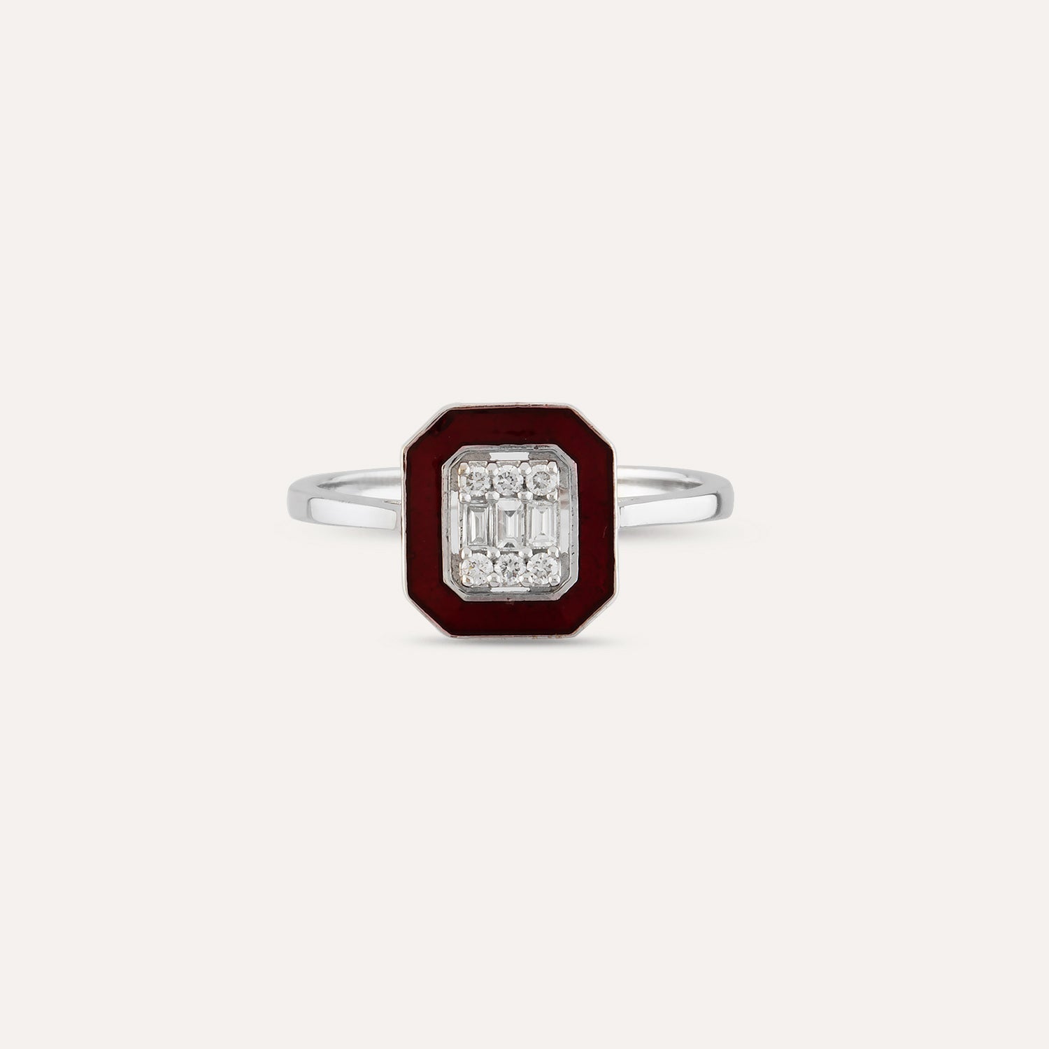 Inel octagon din aur alb 14k cu diamante bagheta si email bordo - Bijuterii LA ROSA