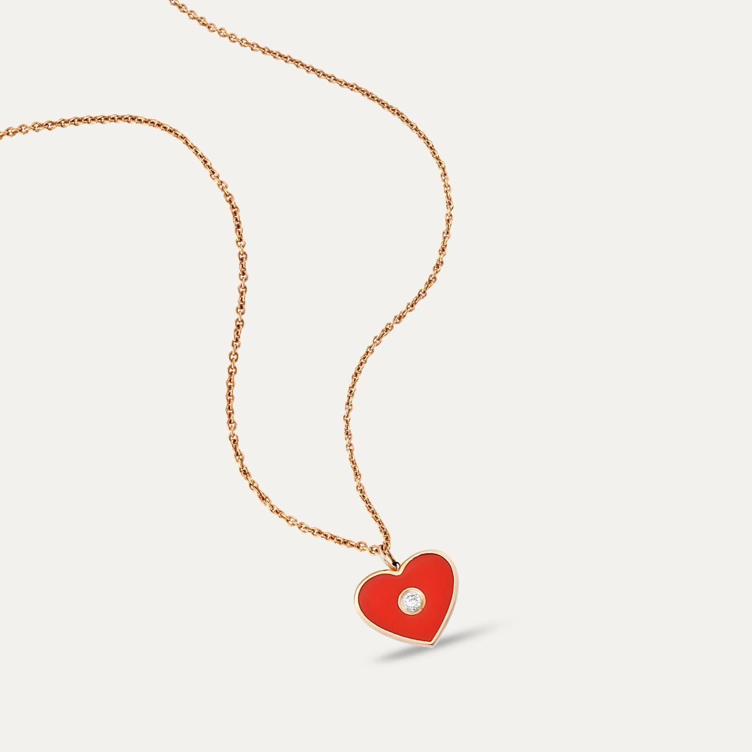 Colier din aur roz 18k cu email inima rosie si diamante - Bijuterii LA ROSA