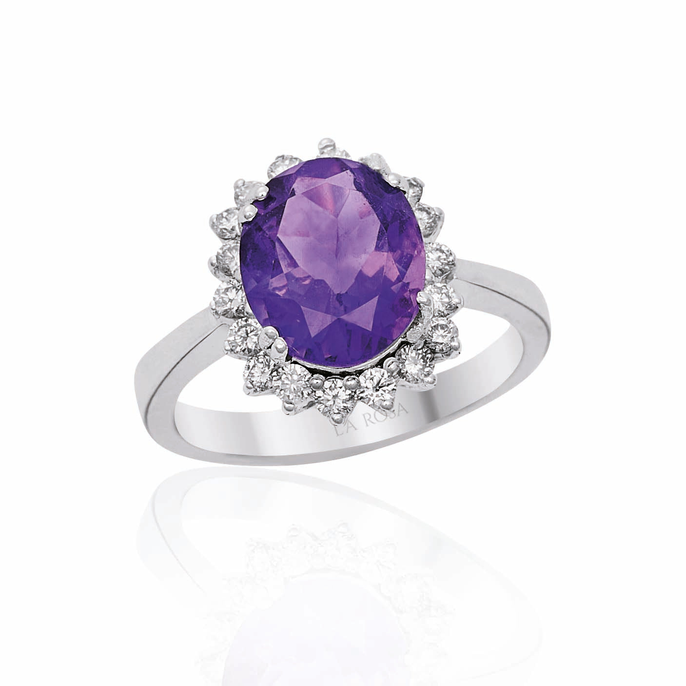 INEL R000129 DIN AUR ALB 14K FORMA FLOARE CU DIAMANTE SI AMETIST - Bijuterii LA ROSA - Verighete si Inele de Logodna, bijuterii cu diamante