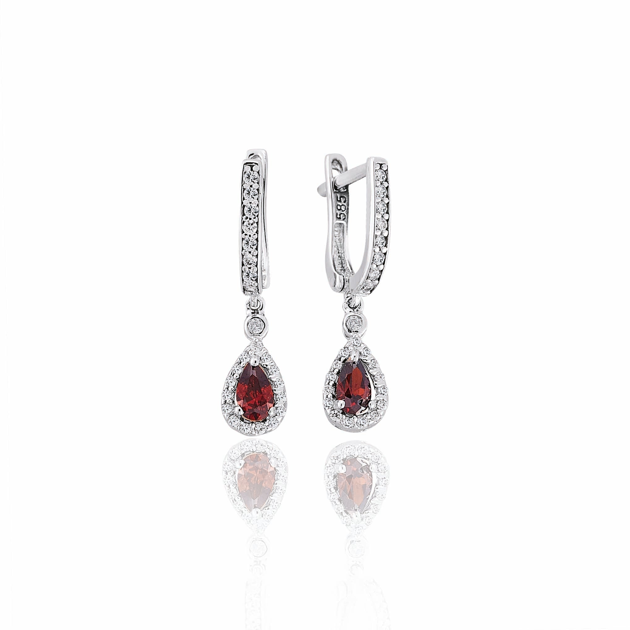 CERCEI E000108 DIN AUR ALB 14K FORMA LACRIMA CU DIAMANTE SI GARNET - Bijuterii LA ROSA - Verighete si Inele de Logodna, bijuterii cu diamante