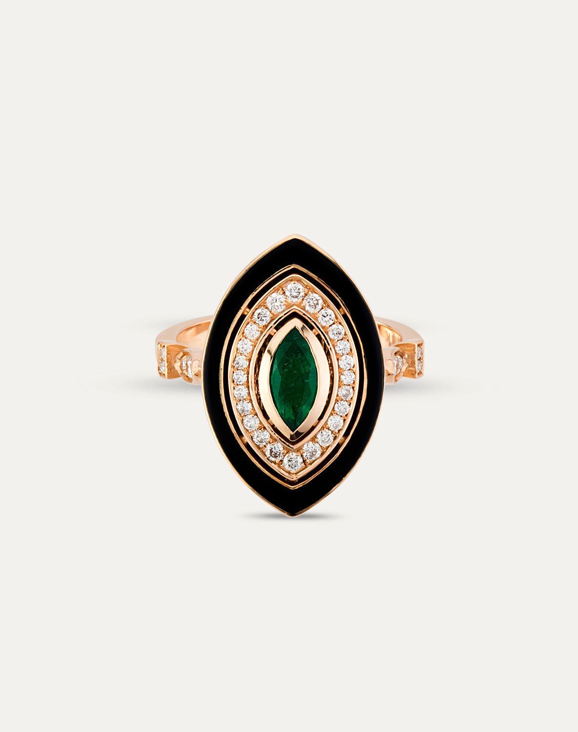 Inel din aur roz 18k cu diamante, smarald si email negru - Bijuterii LA ROSA