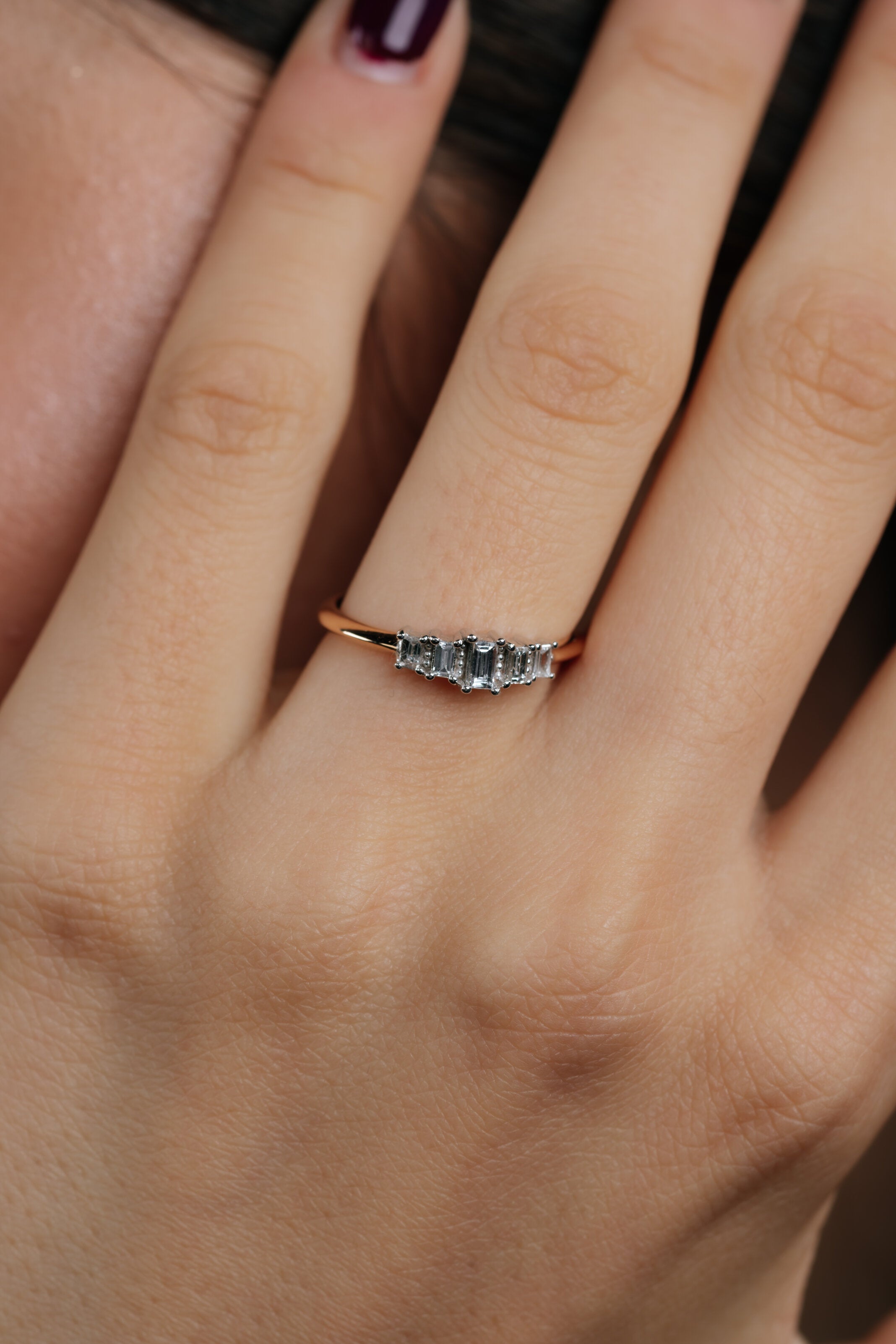 INEL R001091 DIN AUR ROZ SI ALB 14K CU DIAMANTE BAGHETE - Bijuterii LA ROSA
