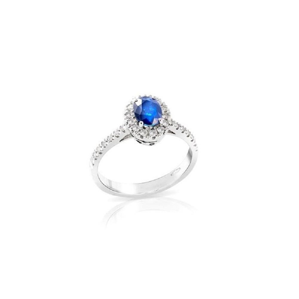 Inel din aur alb 18k cu safir oval 1.11ct si diamante naturale 0.13ct