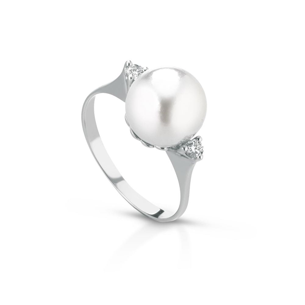 Inel din aur alb 18k cu perla Akoya si diamante naturale 0.06ct