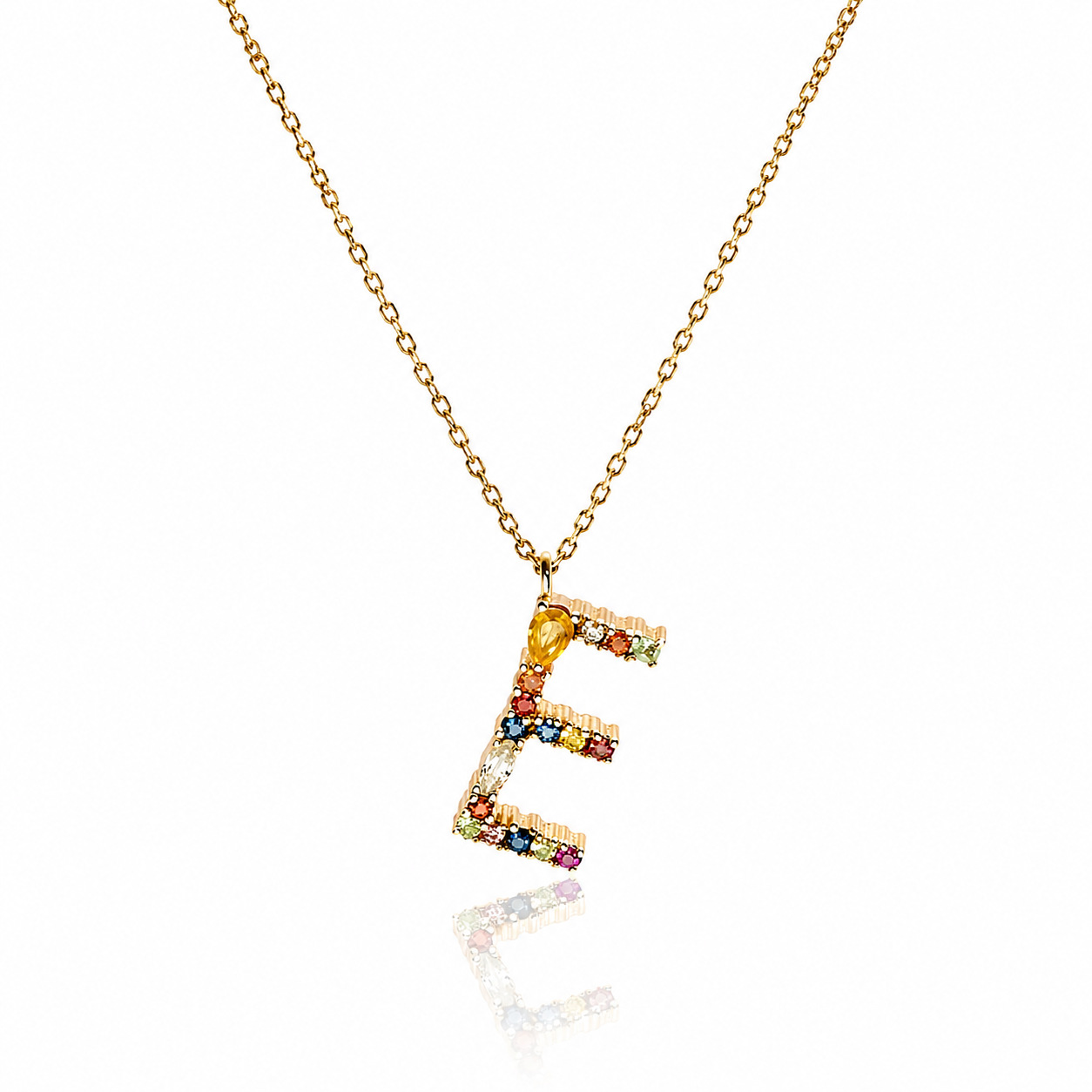 Colier initiala E din aur roz 14k cu safire multicolore 0.51ct