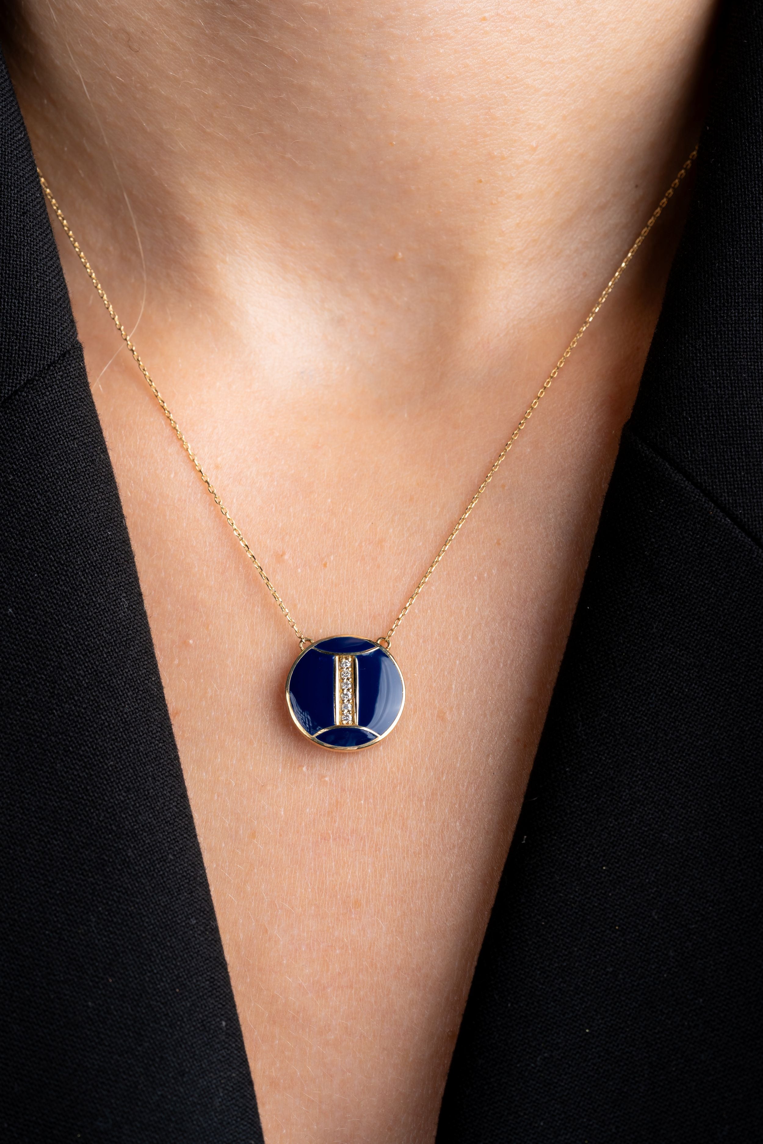 Colier zodia gemeni aur galben 14k si email cu diamante naturale 0.06ct