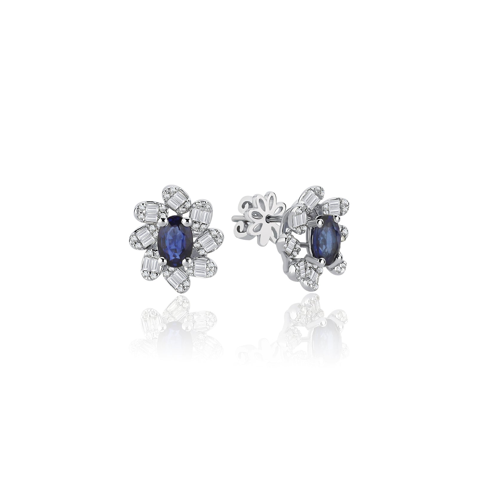 Cercei CN0547-E din aur alb 14k forma floare cu safir oval si diamante baguette - Bijuterii LA ROSA