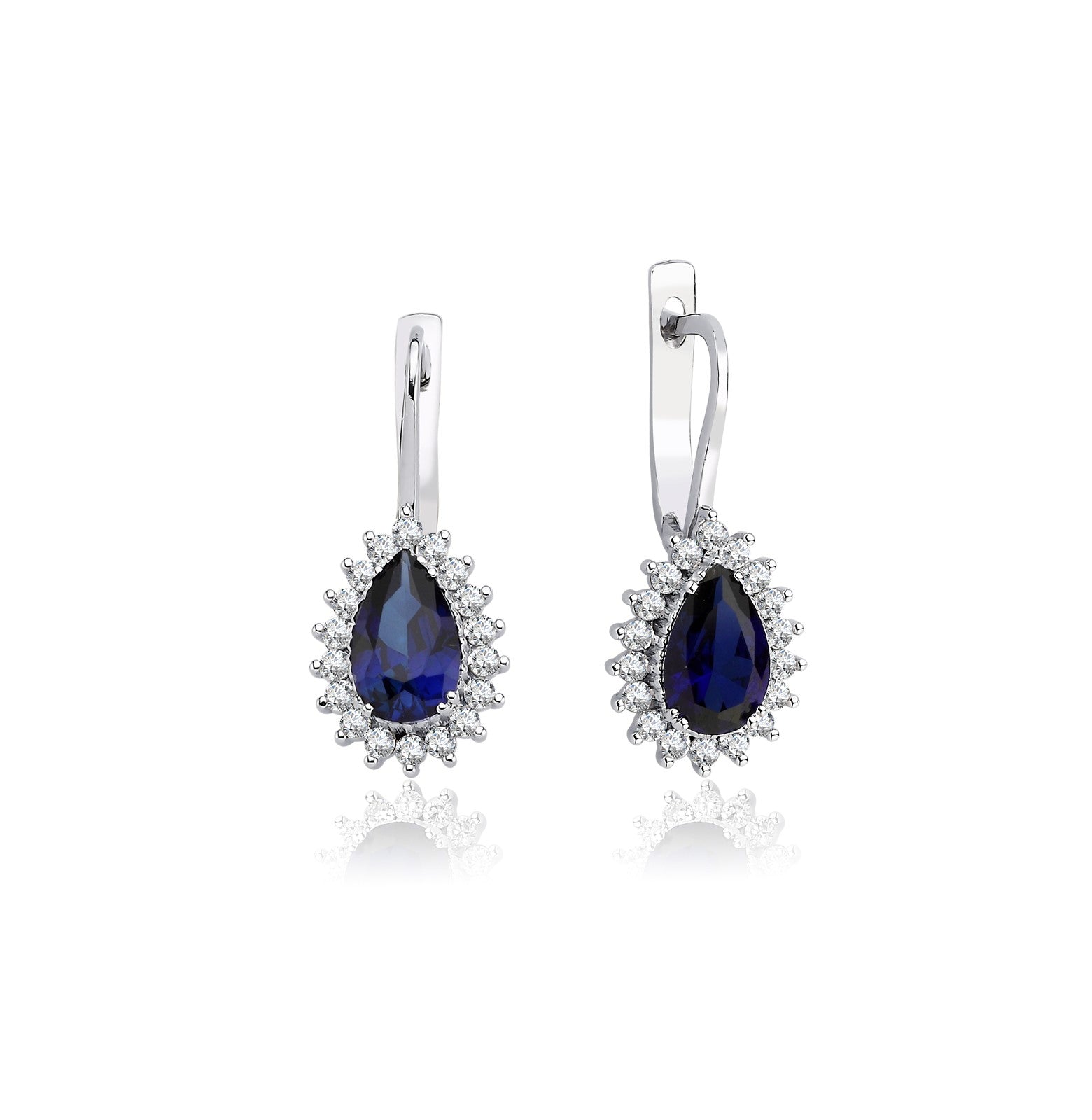 Cercei MD12449 din aur alb 14k cu safir lacrima si diamante rotunde - Bijuterii LA ROSA