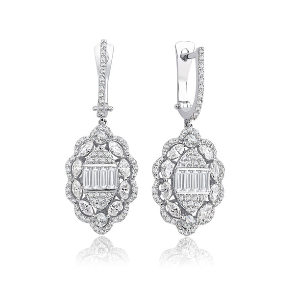 Cercei MD23490 din aur alb 14k forma oval cu diamante marquise si baguette - Bijuterii LA ROSA