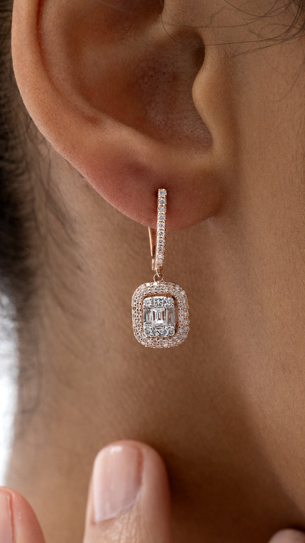 Cercei MD30357 din aur roz 14k forma dreptunghi cu diamante baguette