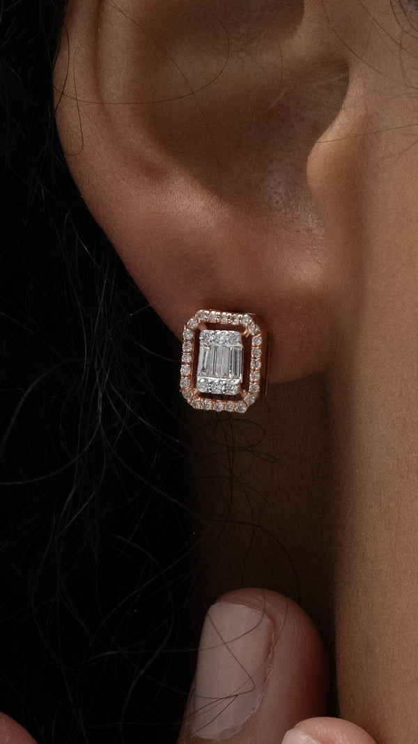Cercei MD45482 din aur roz 14k forma dreptunghi cu diamante baguette - Bijuterii LA ROSA