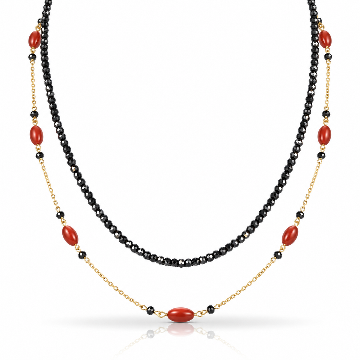 Colier Anita aur galben 18k, spinel negru si coral rosu