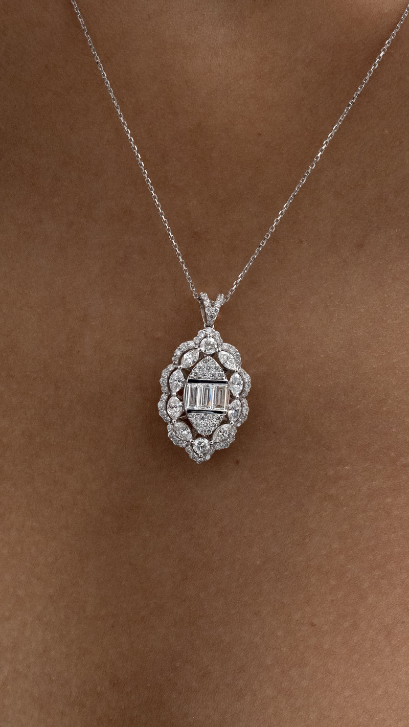 Colier MD43614 din aur alb 14k forma oval cu diamante marquise si baguette - Bijuterii LA ROSA