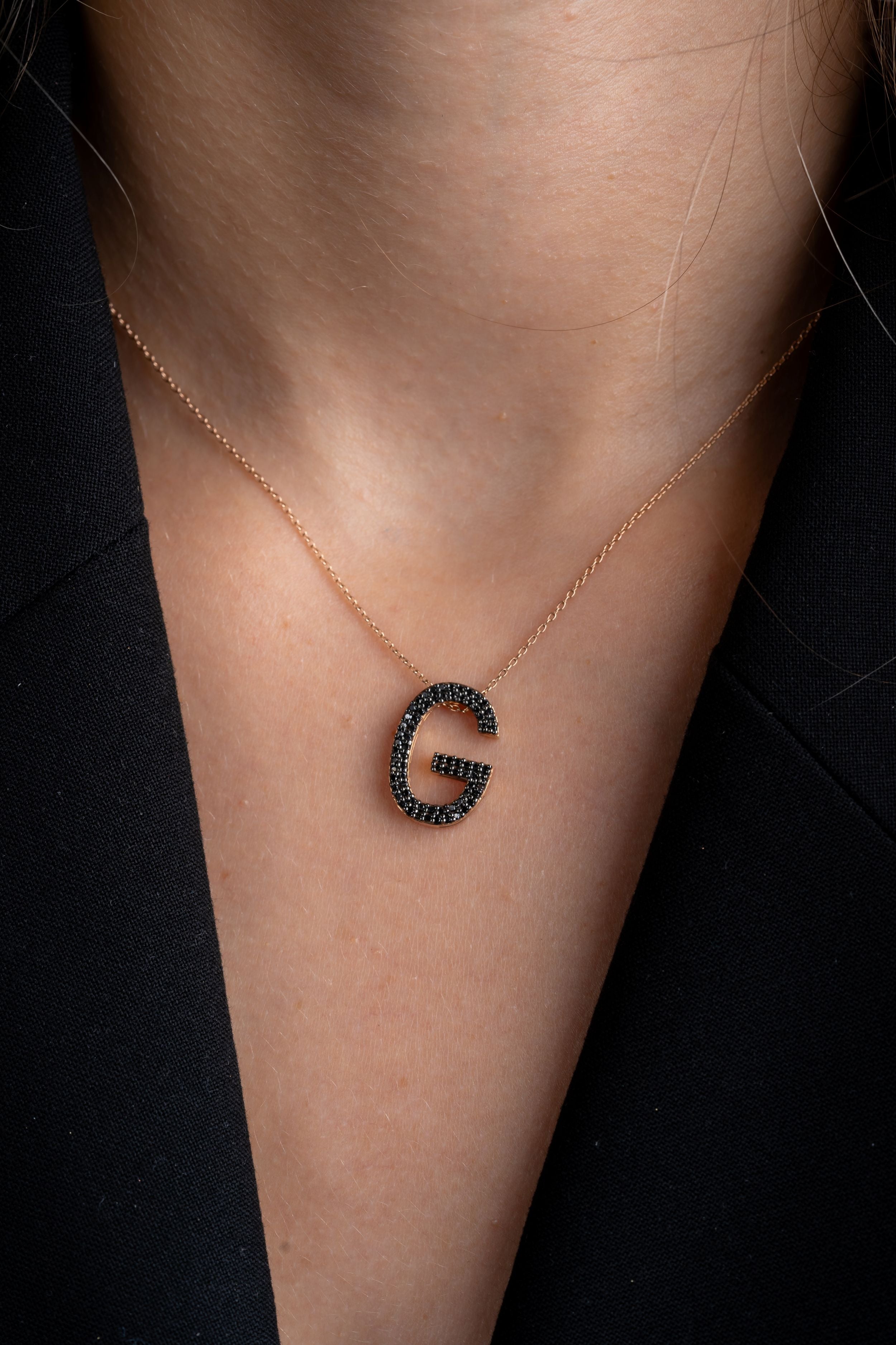 Colier initiala G din aur roz 14k cu Diamante Naturale negre