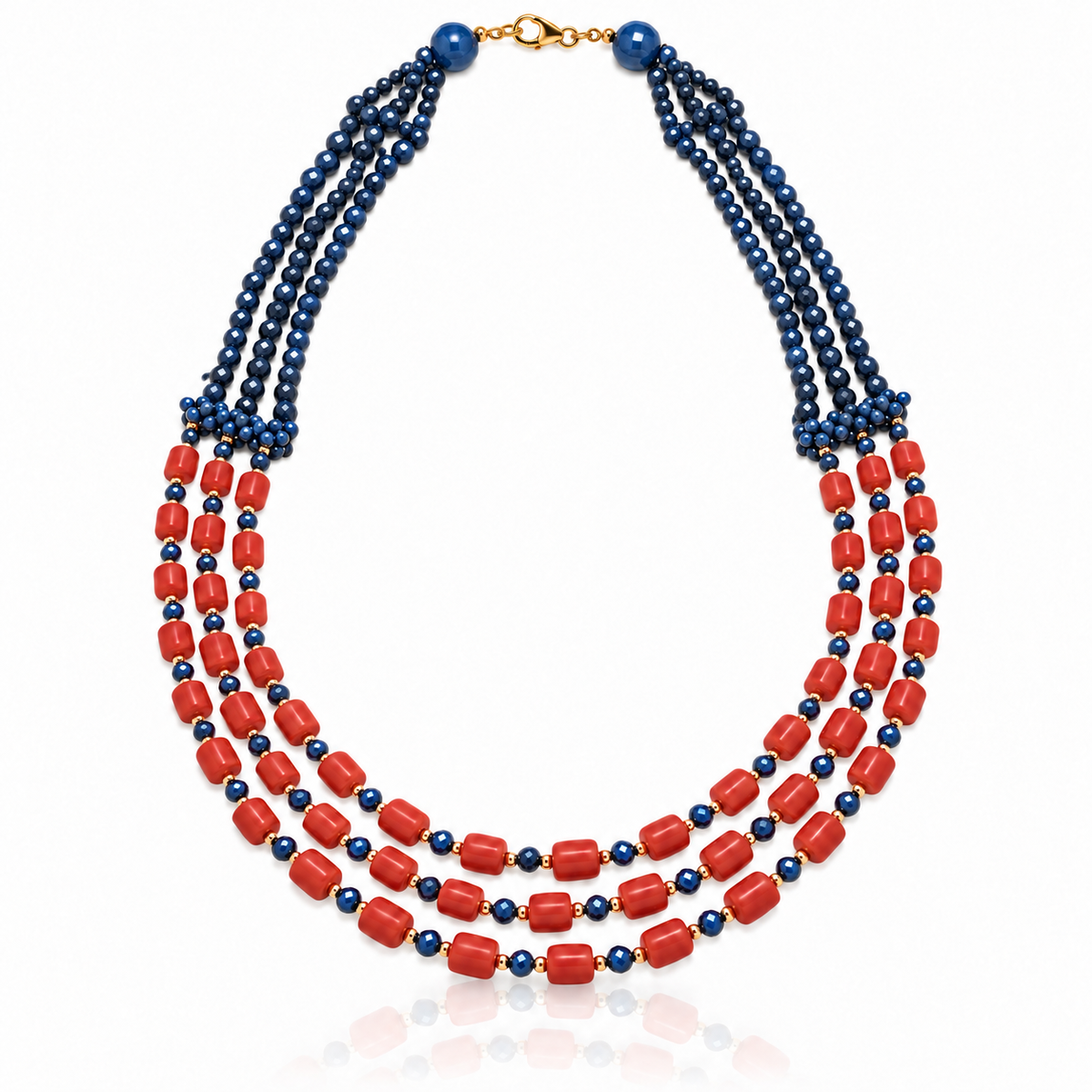 Colier Zaffiri aur galben 18k, safire naturale, coral natural si hematite