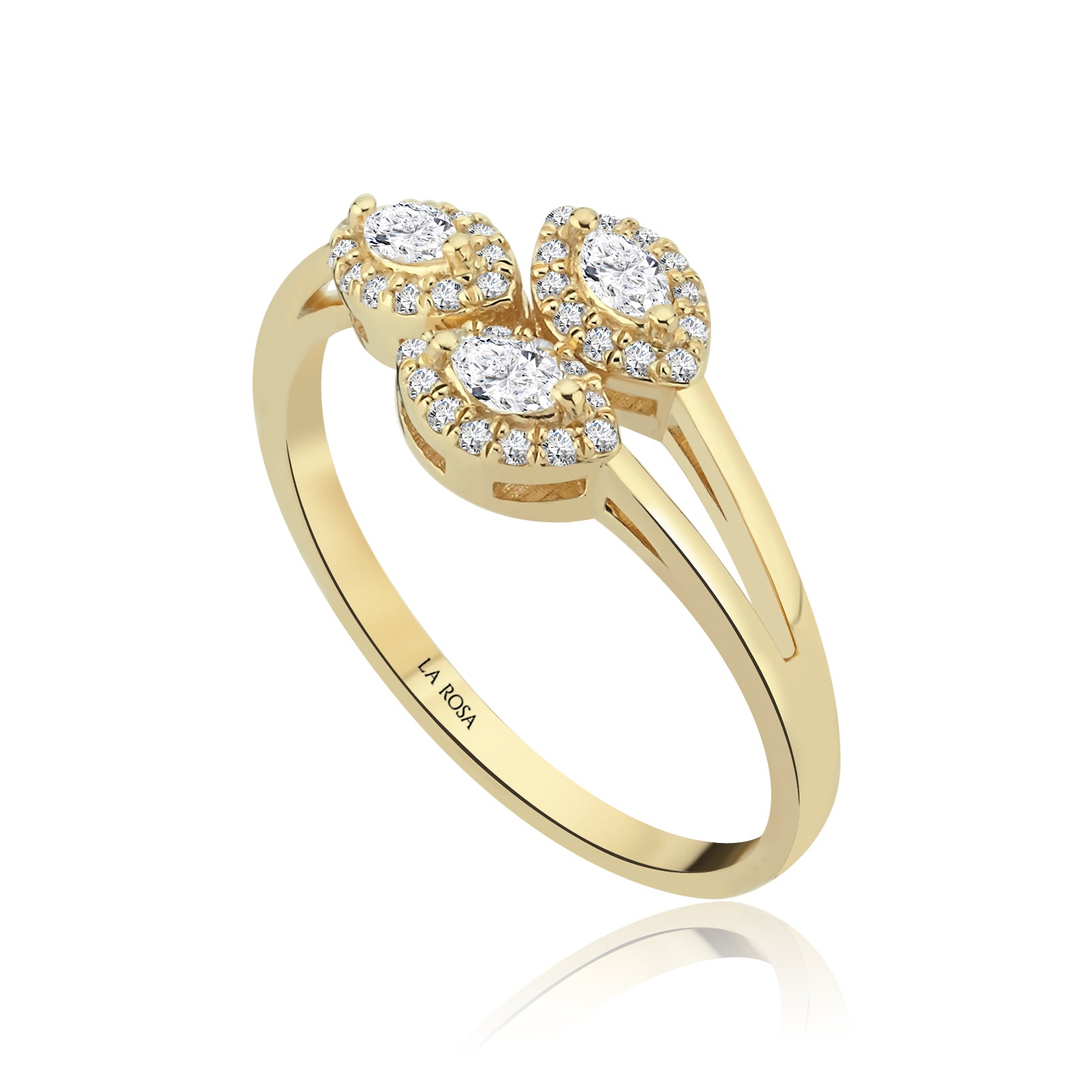 Inel HD0291-R model trei frunze din aur galben 14k cu diamante - Bijuterii LA ROSA