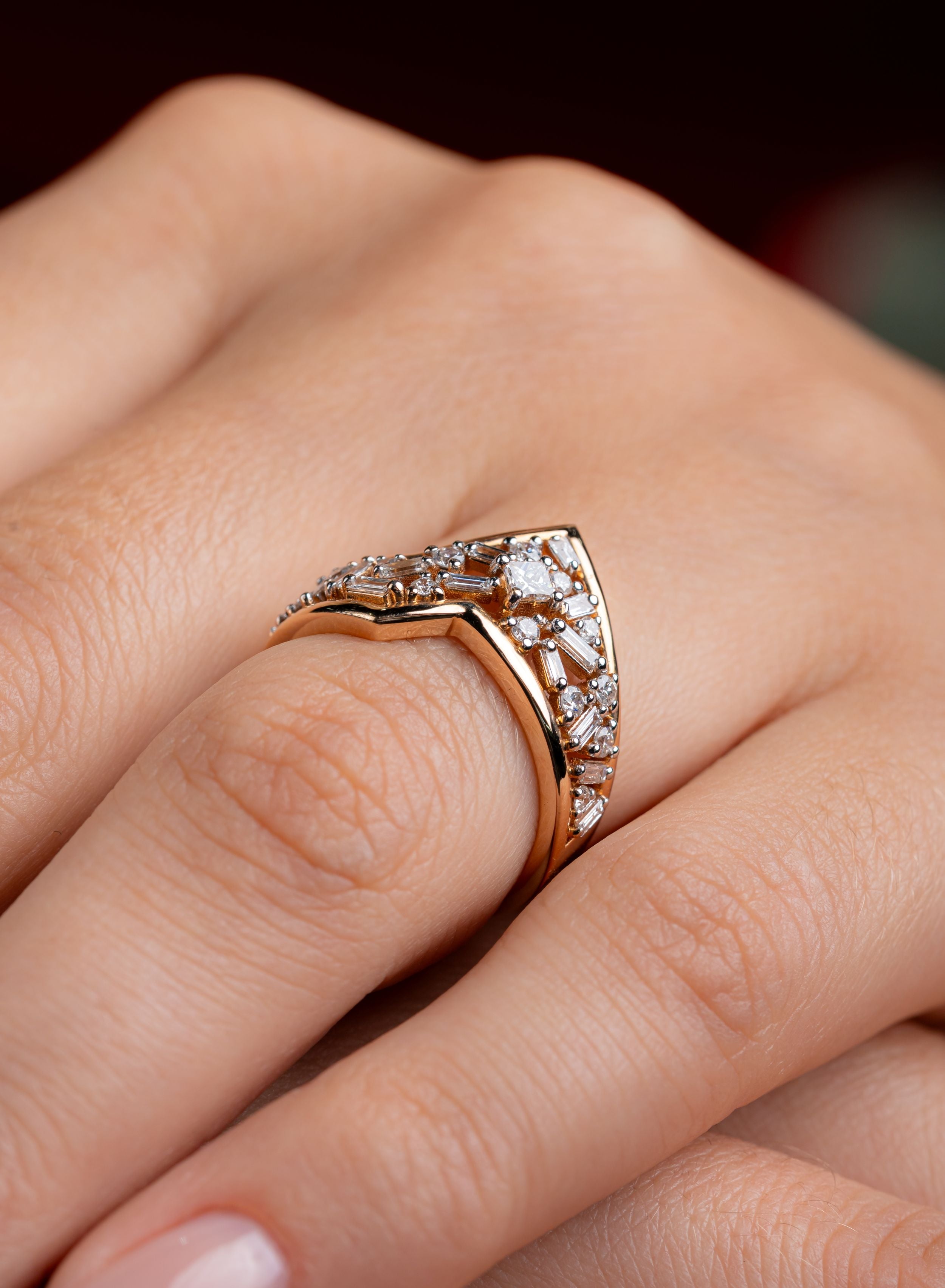 Inel geometric LRSR044 din aur roz 14k cu diamante naturale rotunde, princess si baguette