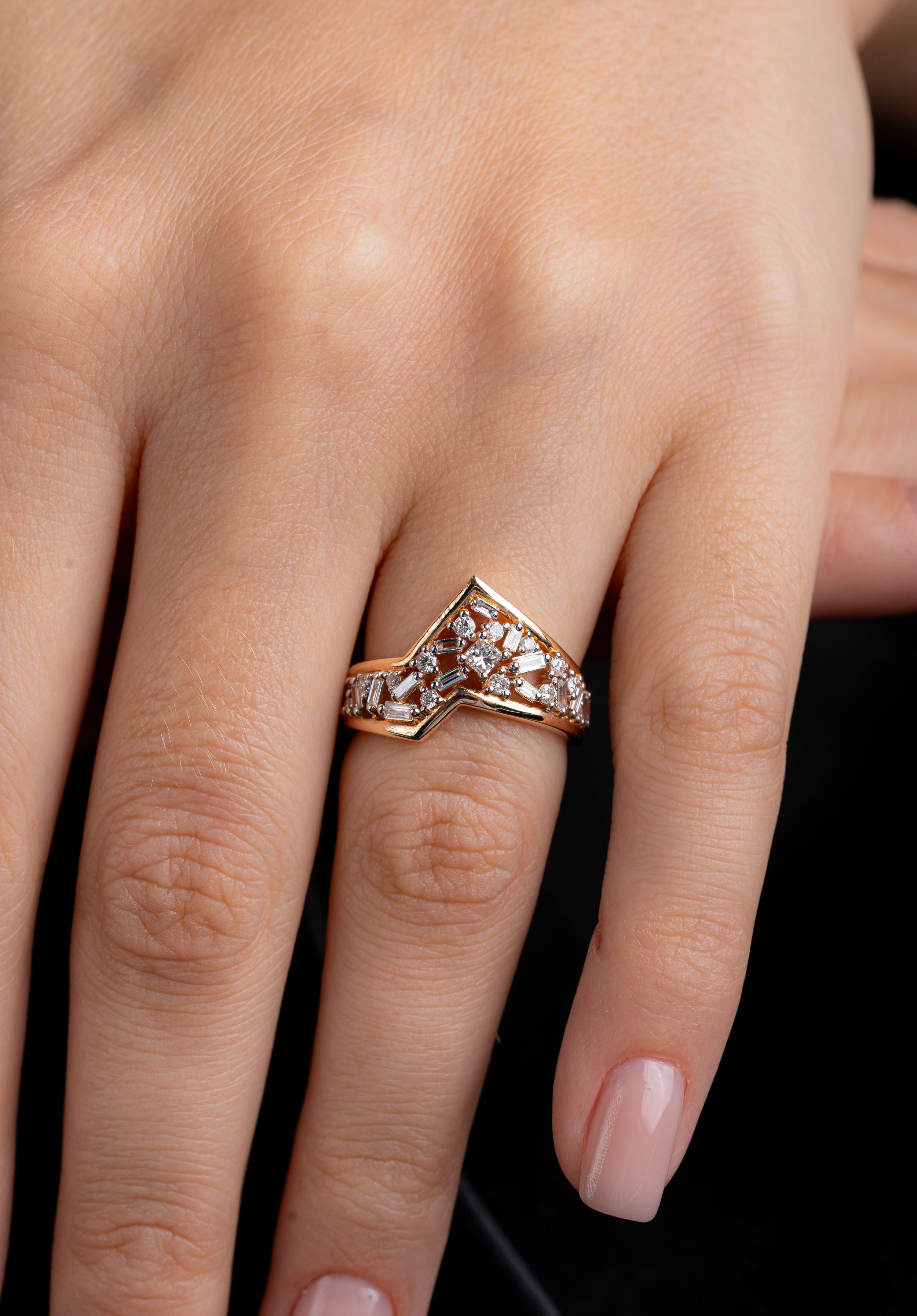 Inel geometric LRSR044 din aur roz 14k cu diamante naturale rotunde, princess si baguette