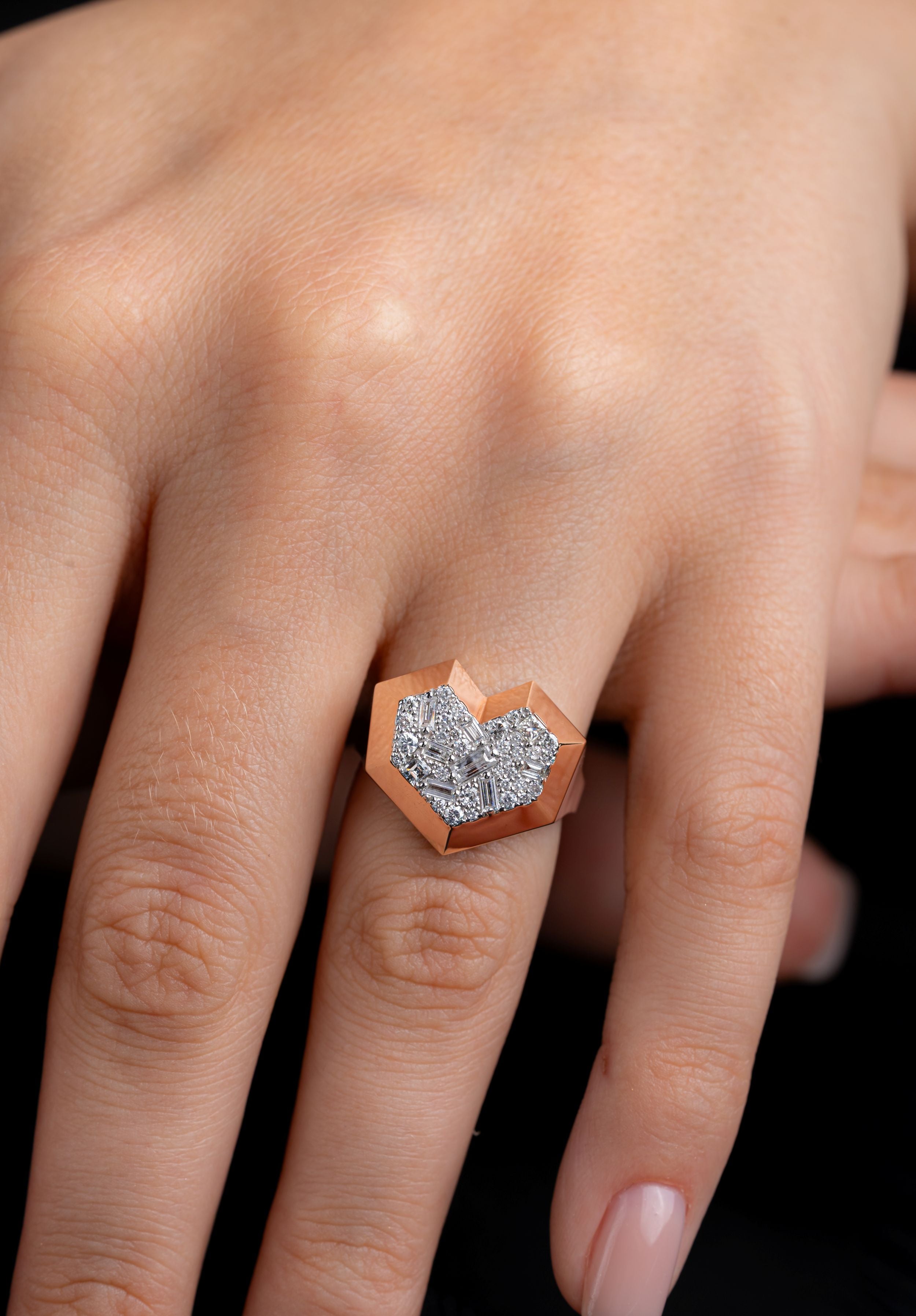 Inel geometric LRSR0012 in forma de inima, aur roz 14k cu diamante naturale