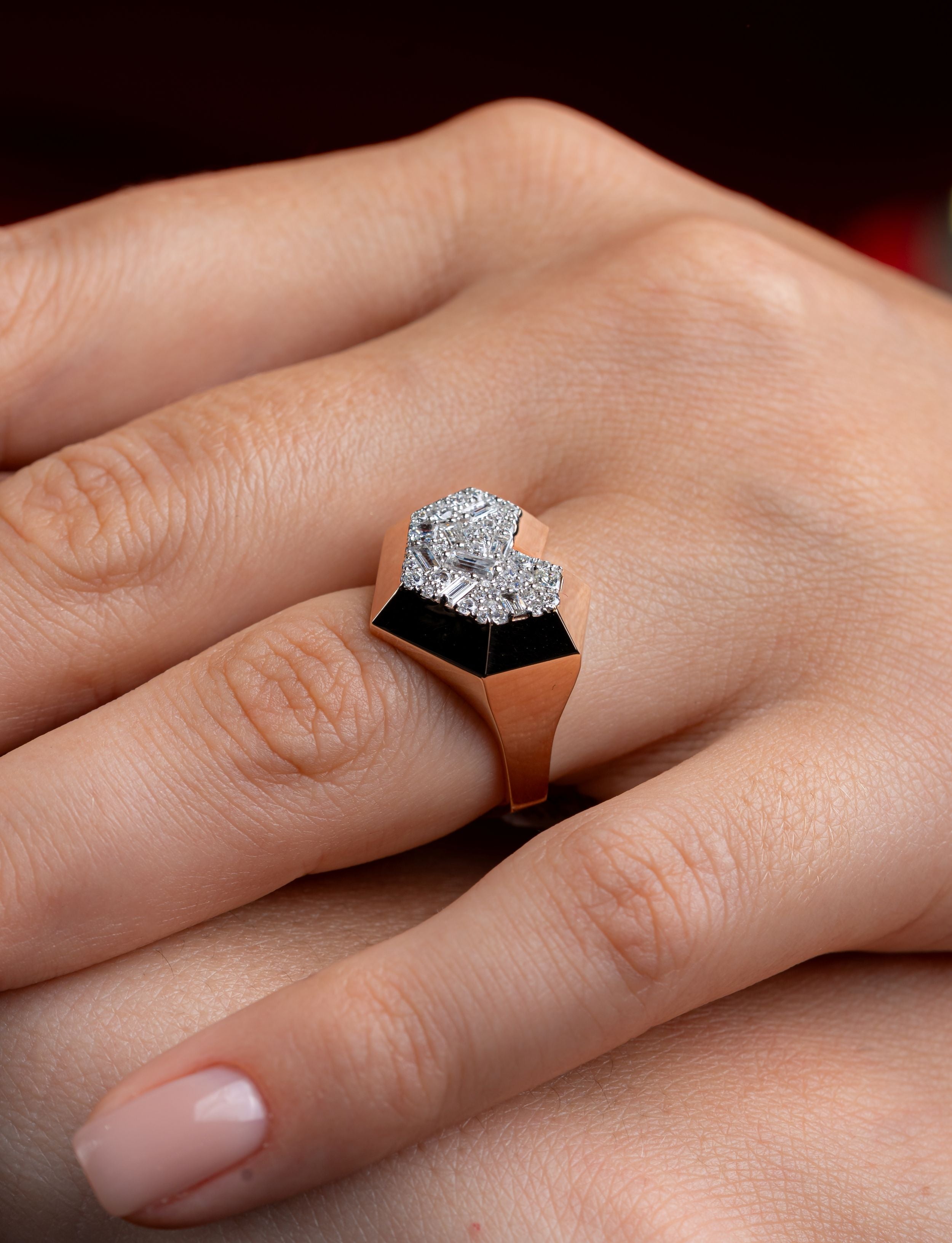 Inel geometric LRSR0012 in forma de inima, aur roz 14k cu diamante naturale