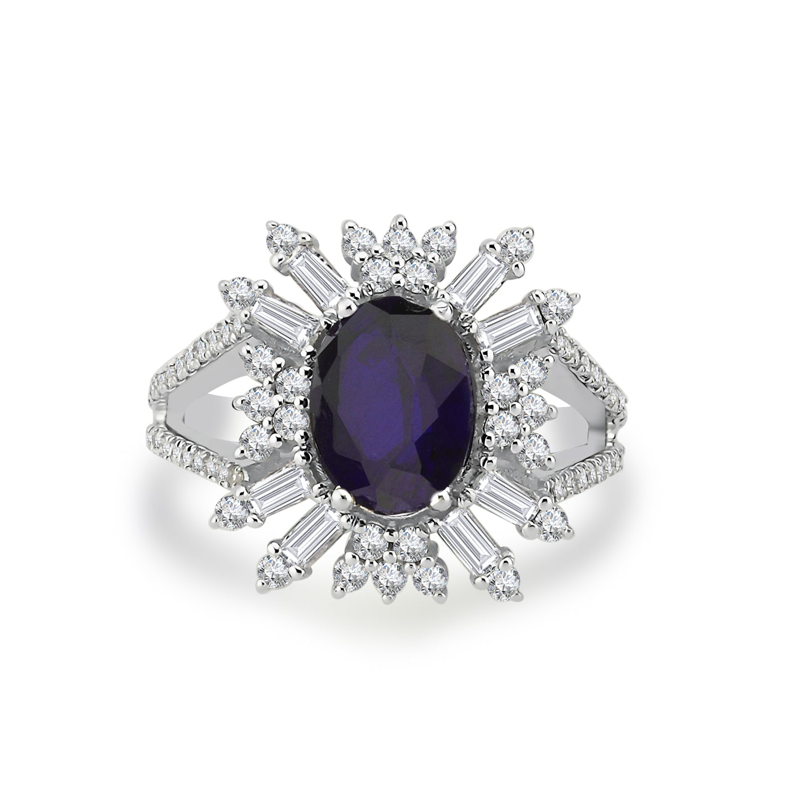 Inel MD20593 din aur alb 14k cu safir forma ovala si diamante baguette - Bijuterii LA ROSA