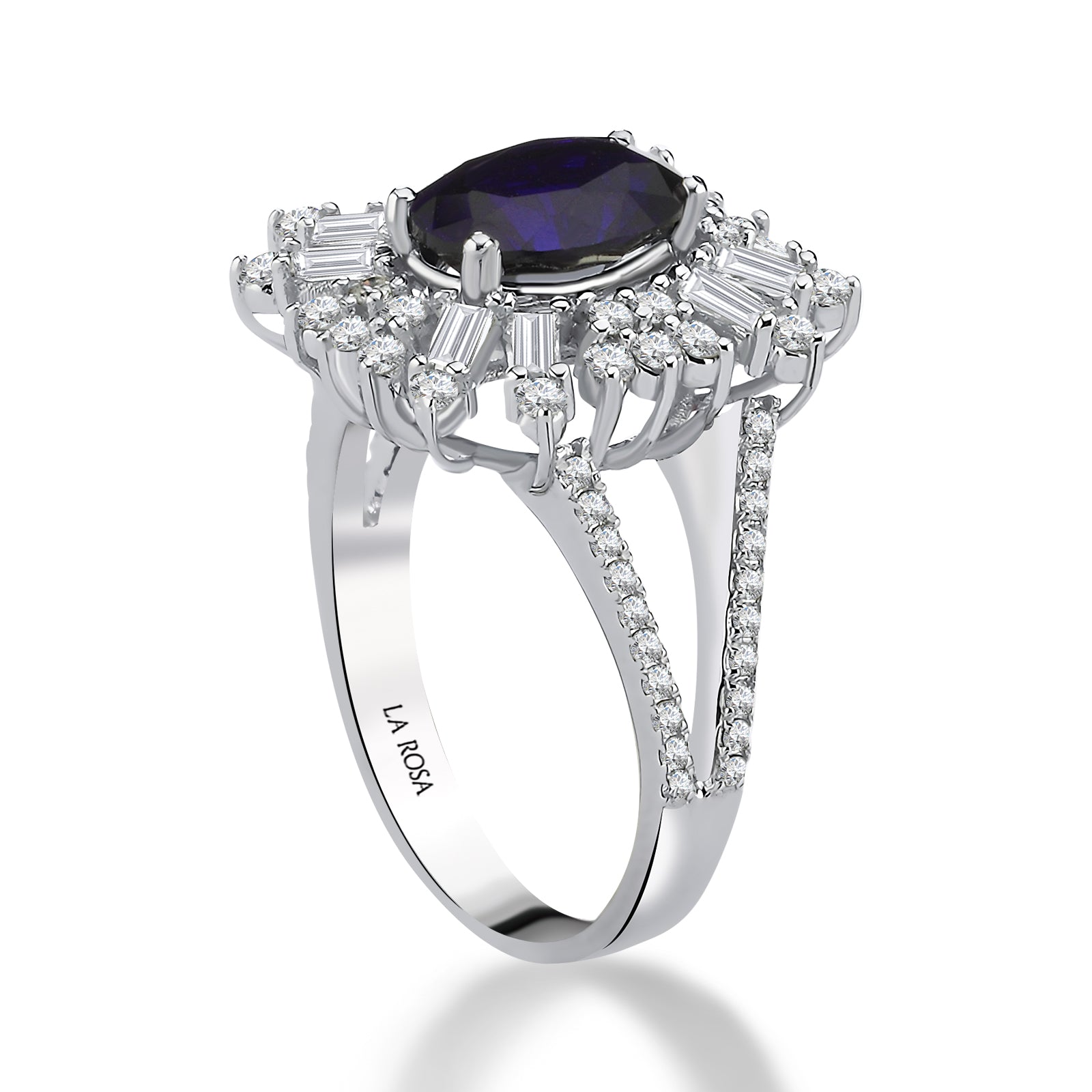 Inel MD20593 din aur alb 14k cu safir forma ovala si diamante baguette - Bijuterii LA ROSA