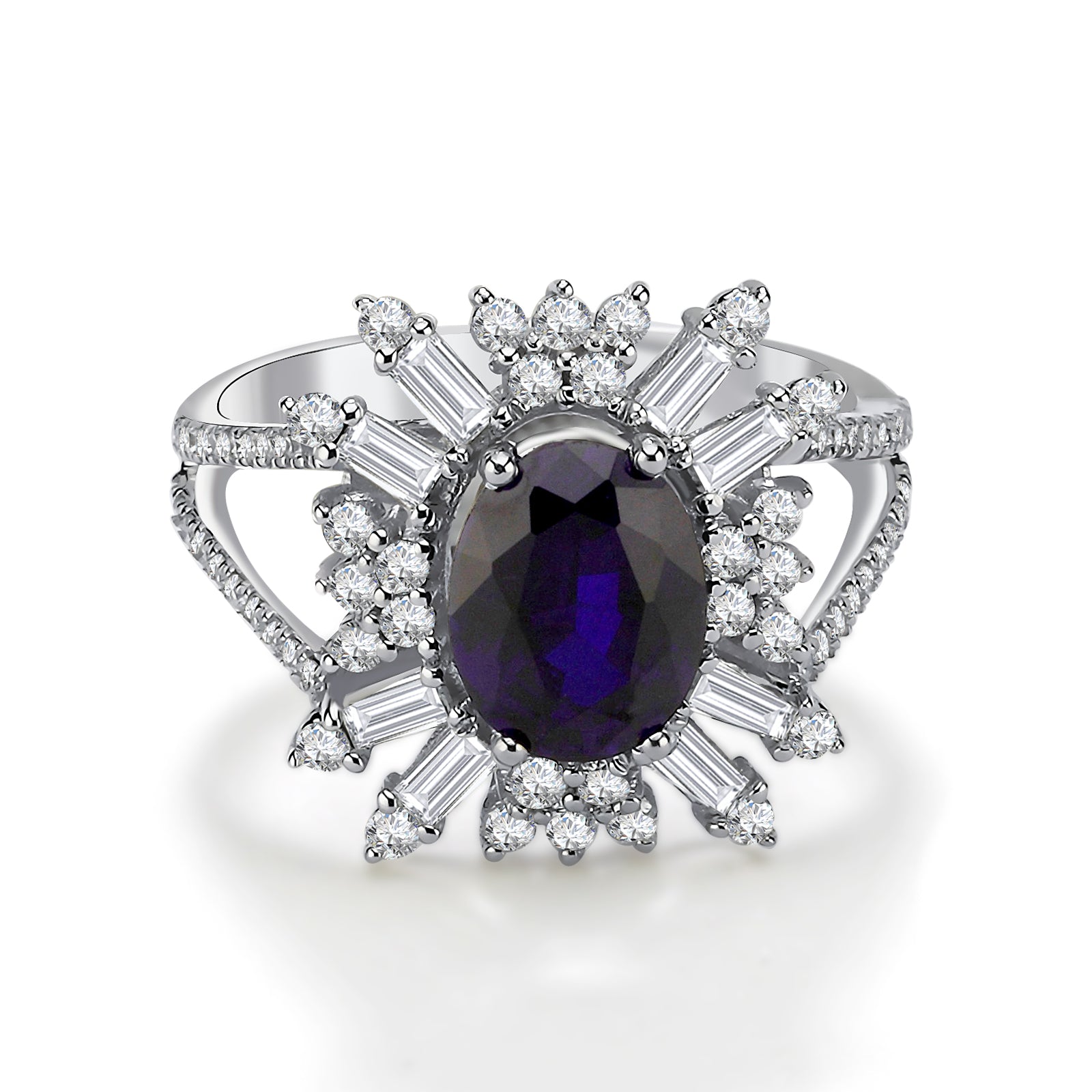 Inel MD20593 din aur alb 14k cu safir forma ovala si diamante baguette - Bijuterii LA ROSA