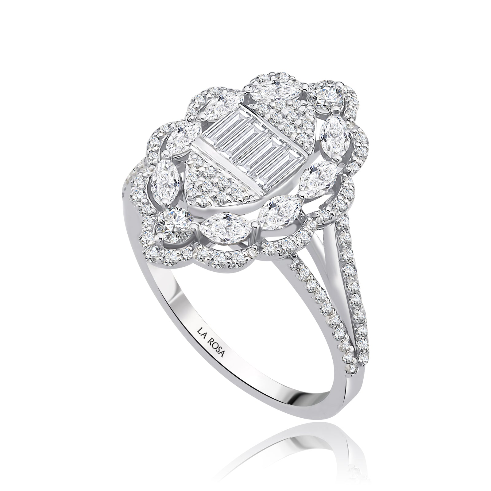 Inel MD23489 din aur alb 14k forma oval cu diamante marquise si baguette - Bijuterii LA ROSA