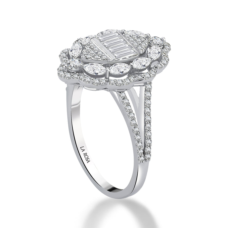 Inel MD23489 din aur alb 14k forma oval cu diamante marquise si baguette - Bijuterii LA ROSA