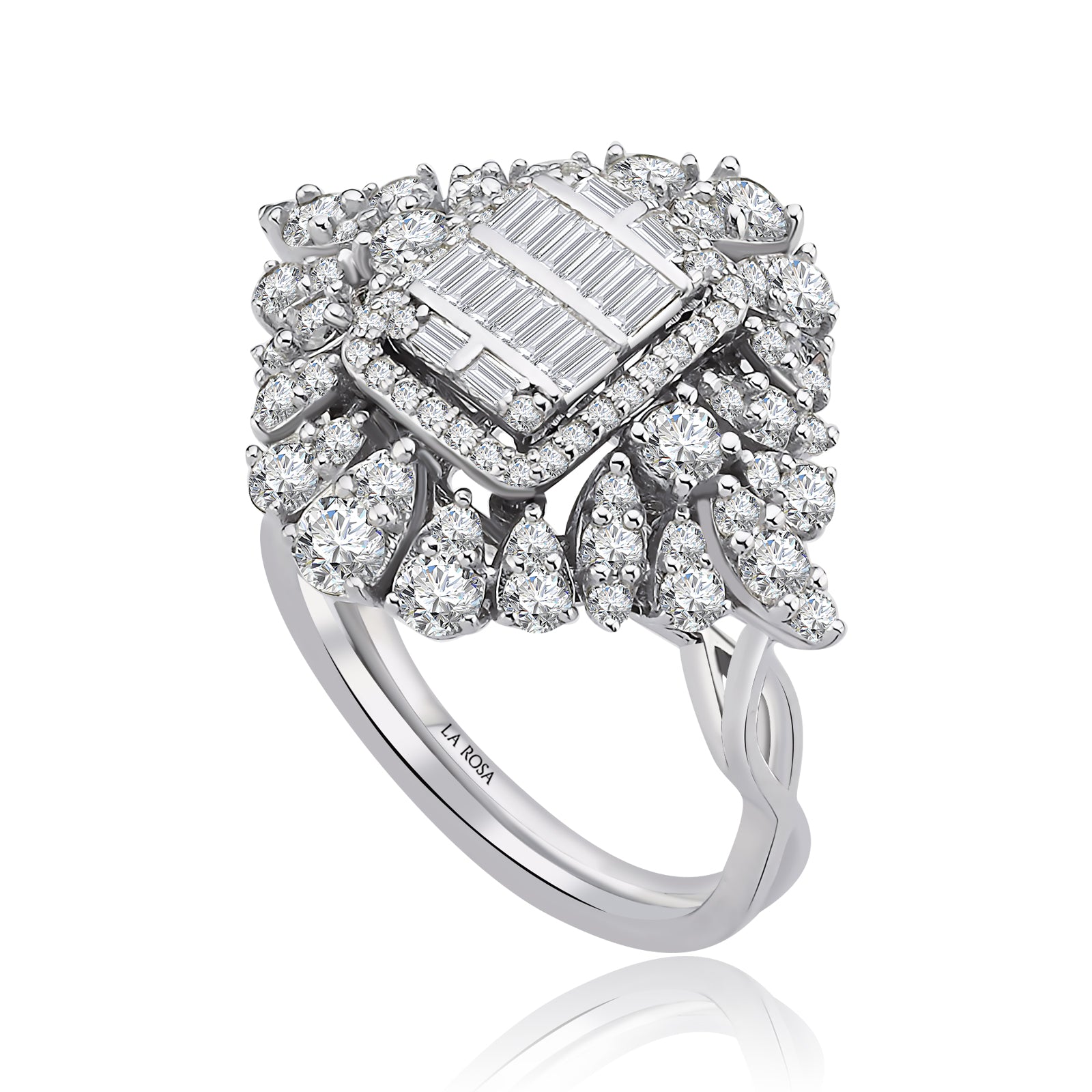 Inel MD27301 din aur alb 14k forma floare cu diamante baguette - Bijuterii LA ROSA
