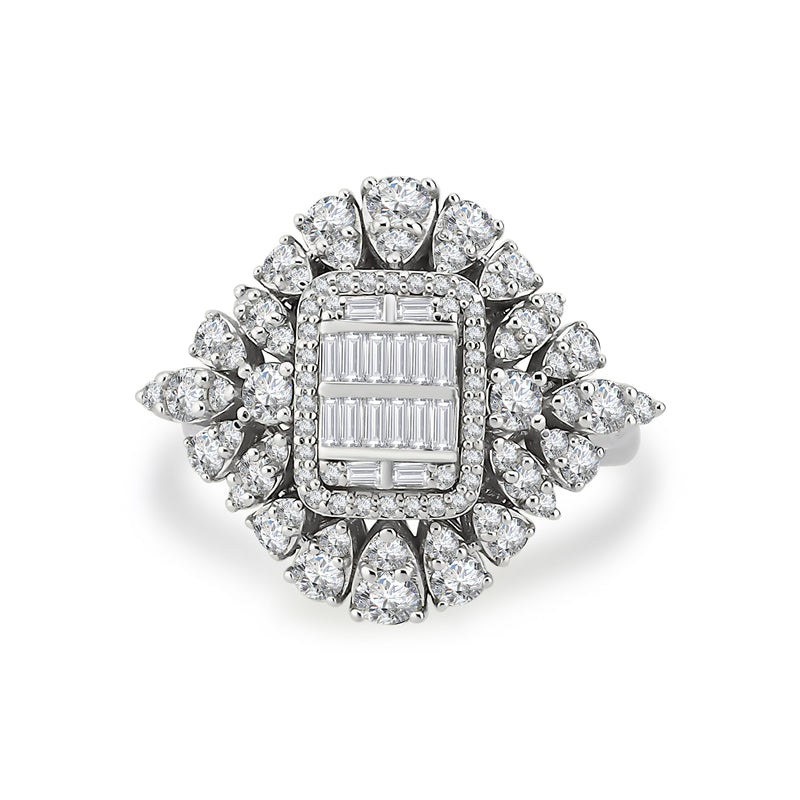 Inel MD27301 din aur alb 14k forma floare cu diamante baguette - Bijuterii LA ROSA