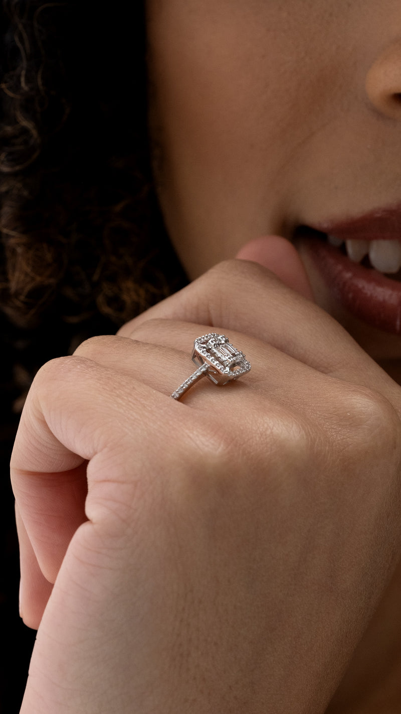 Inel MD28590 din aur alb 14k forma dreptunghi cu diamante baguette - Bijuterii LA ROSA