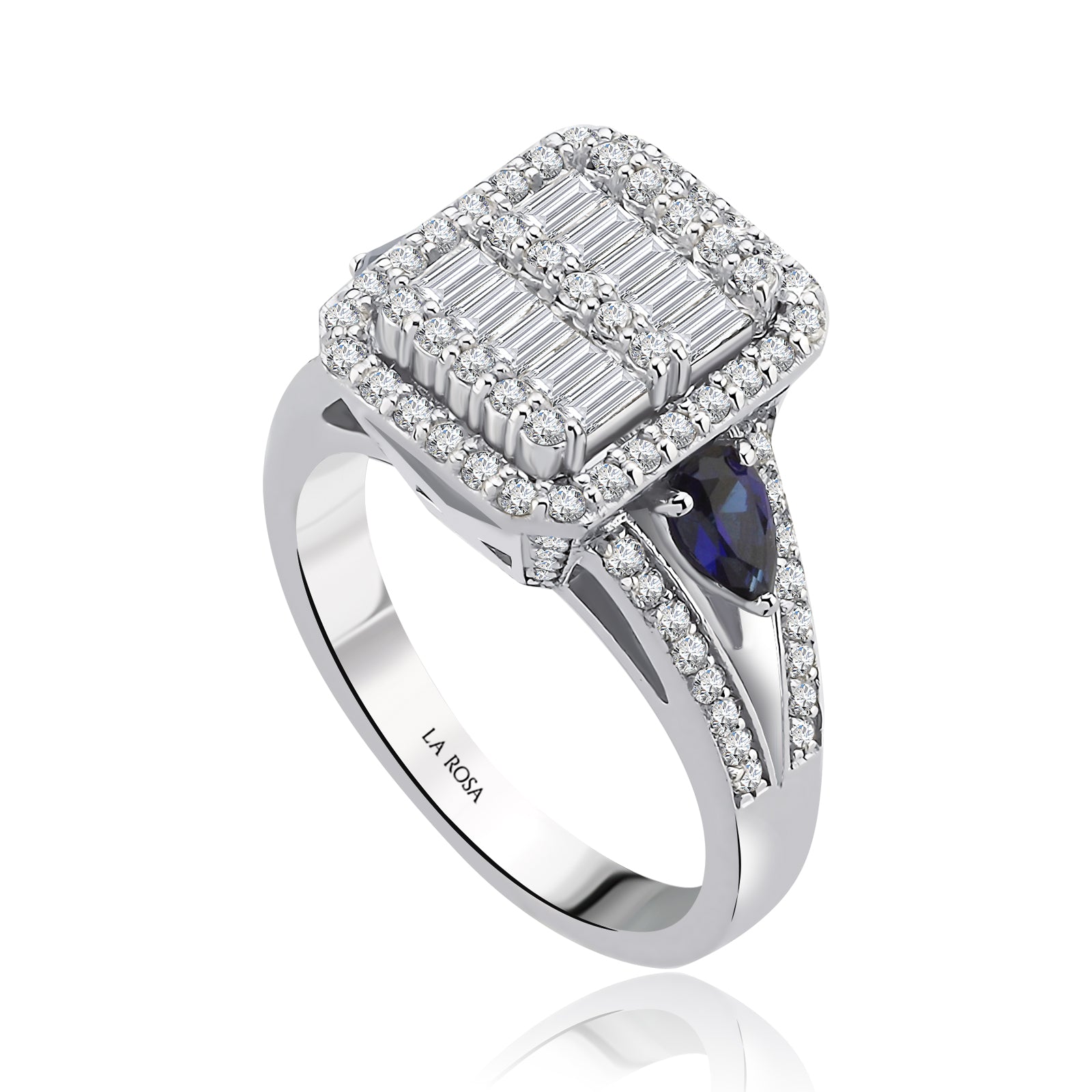 Inel MD29931 casette din aur alb 14k cu safire si diamante baguette - Bijuterii LA ROSA