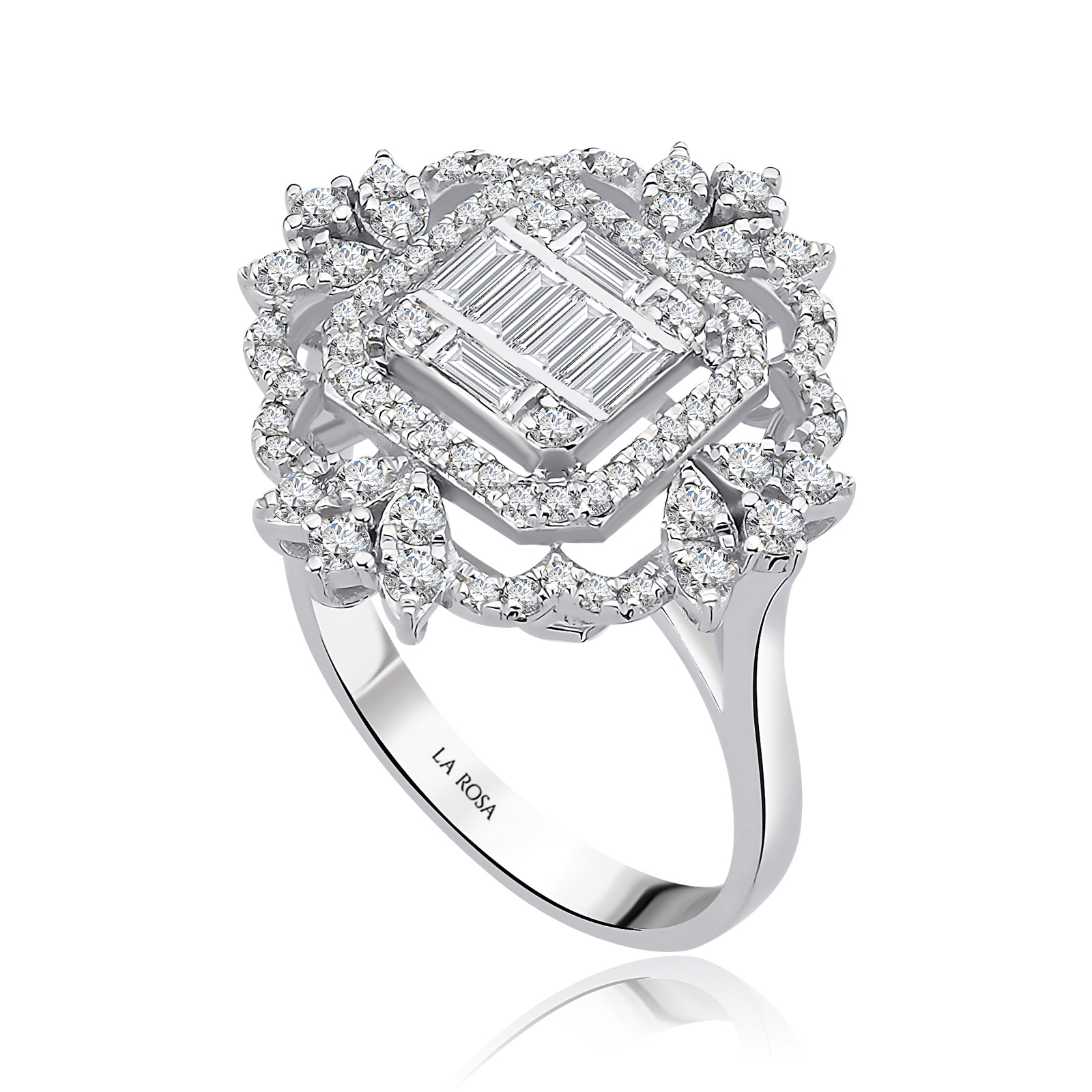 Inel MD29980 din aur alb 14k forma floare cu diamante baguette si marquise - Bijuterii LA ROSA