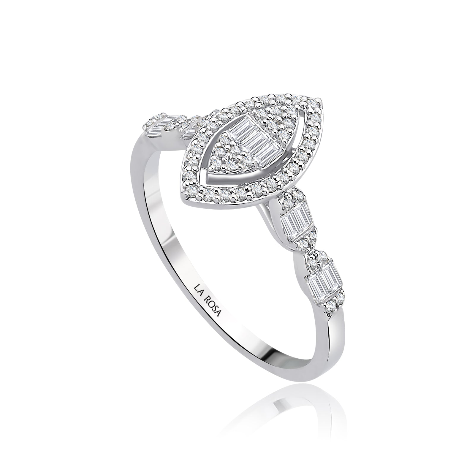 Inel MD34588 din aur alb 14k forma marquise cu diamante baguette - Bijuterii LA ROSA