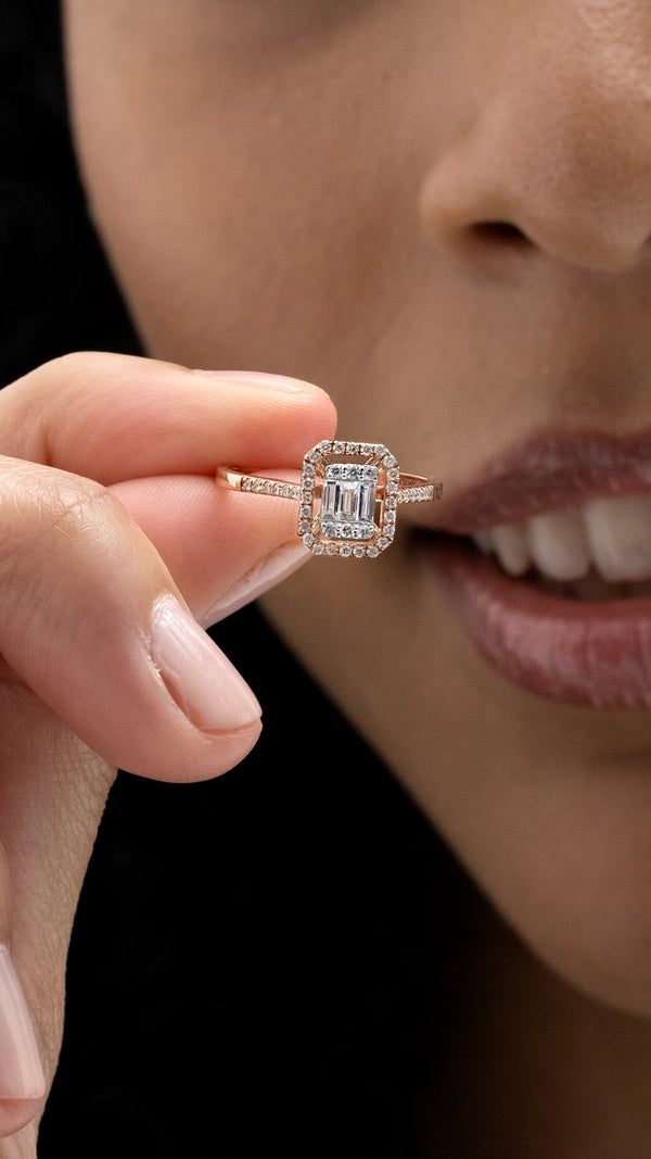 Inel MD45958 din aur roz 14k forma dreptunghi cu diamante - Bijuterii LA ROSA