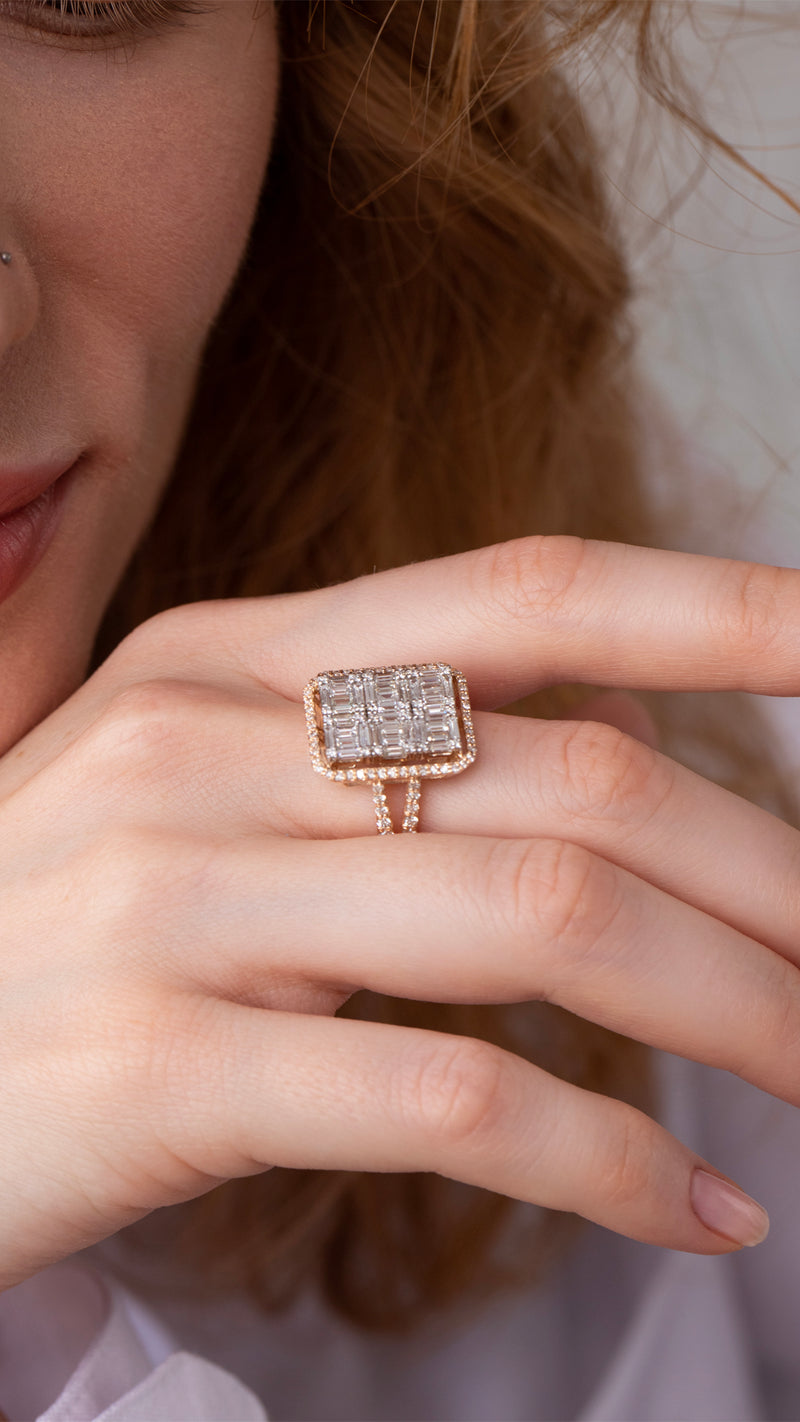 Inel MR0587R din aur roz 14k cu diamante bagheta - Bijuterii LA ROSA