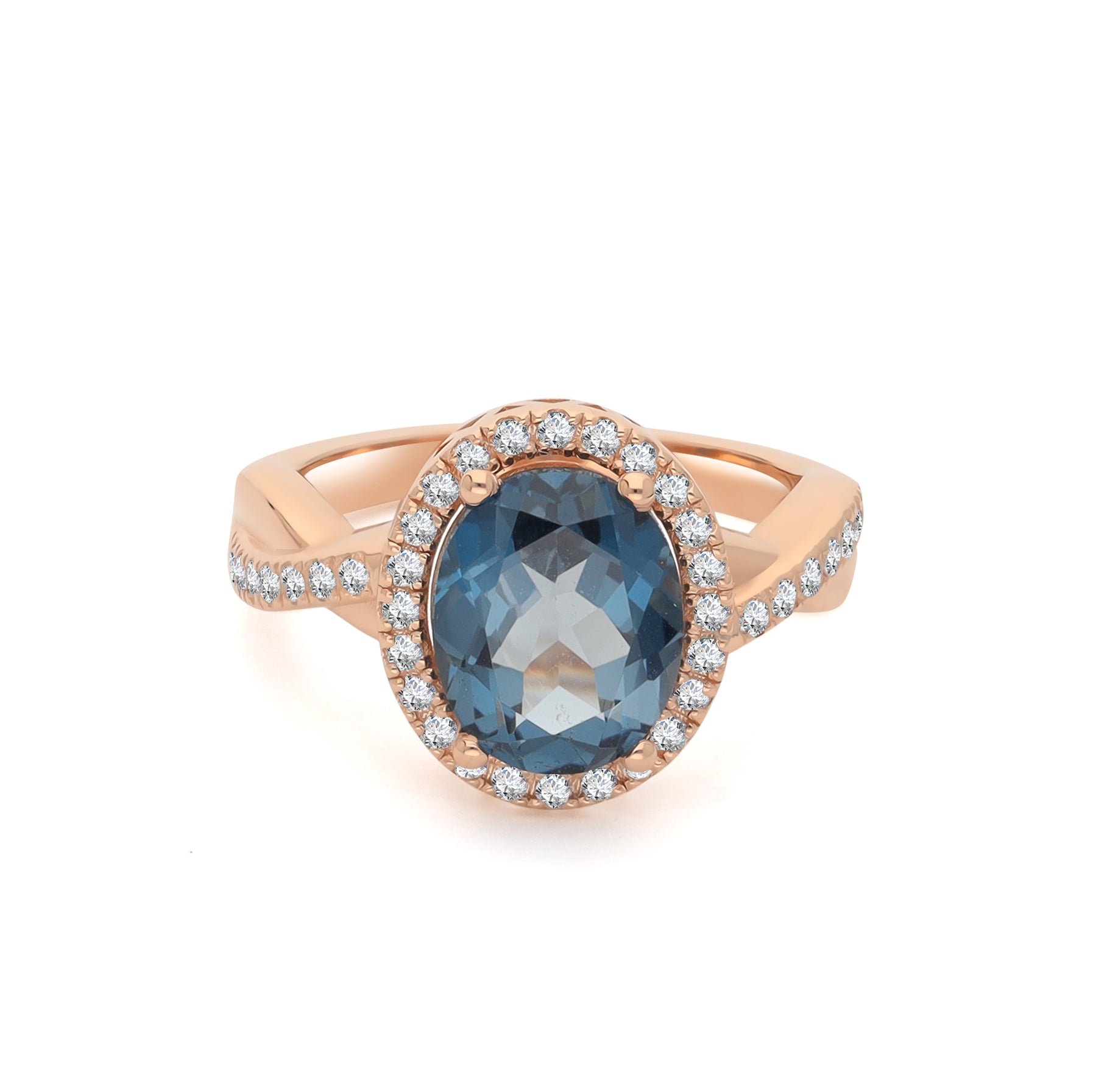 Inel din aur roz 14k cu london blue topaz 3.20ct si diamante naturale 0.28ct