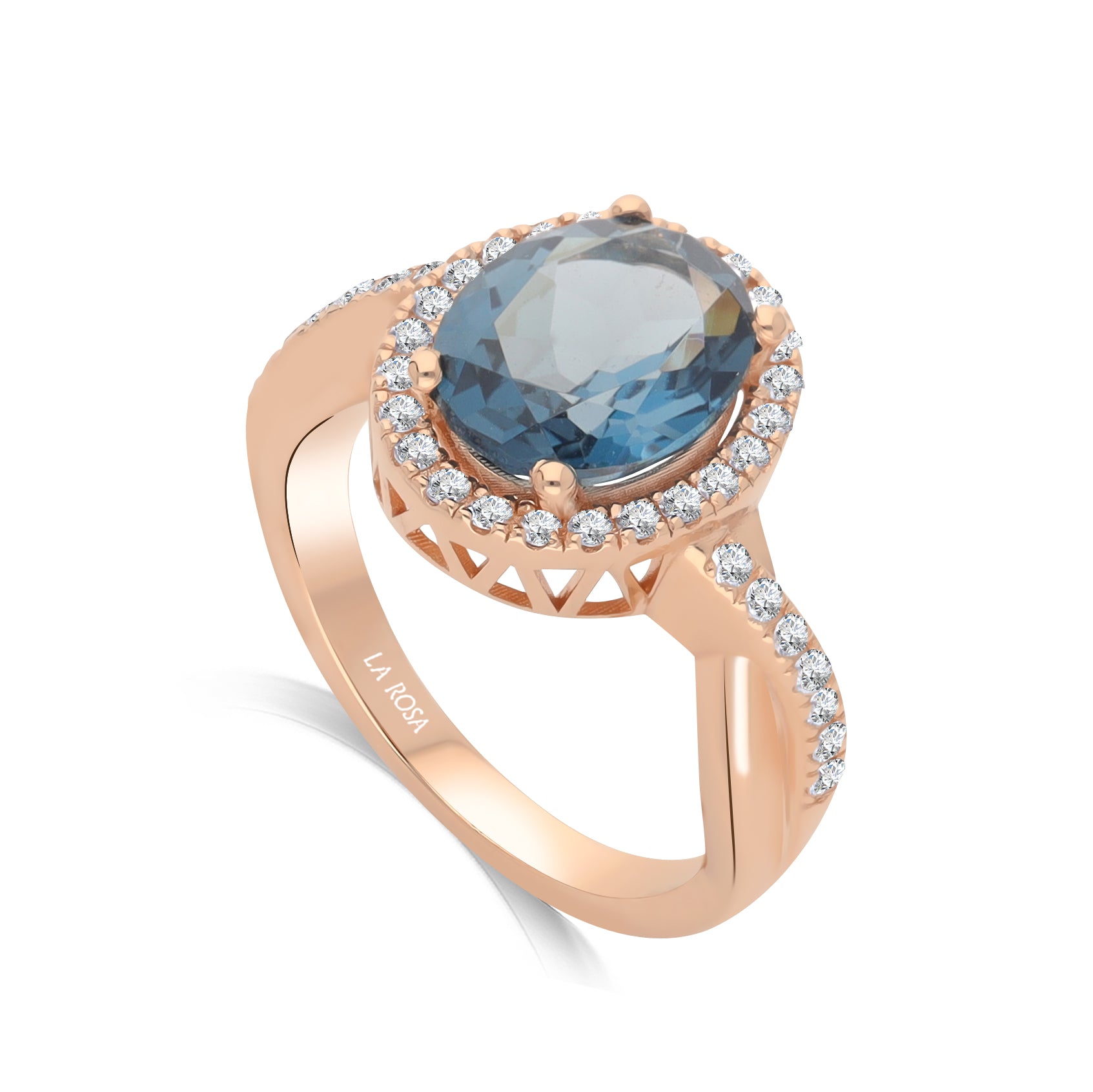Inel din aur roz 14k cu london blue topaz 3.20ct si diamante naturale 0.28ct