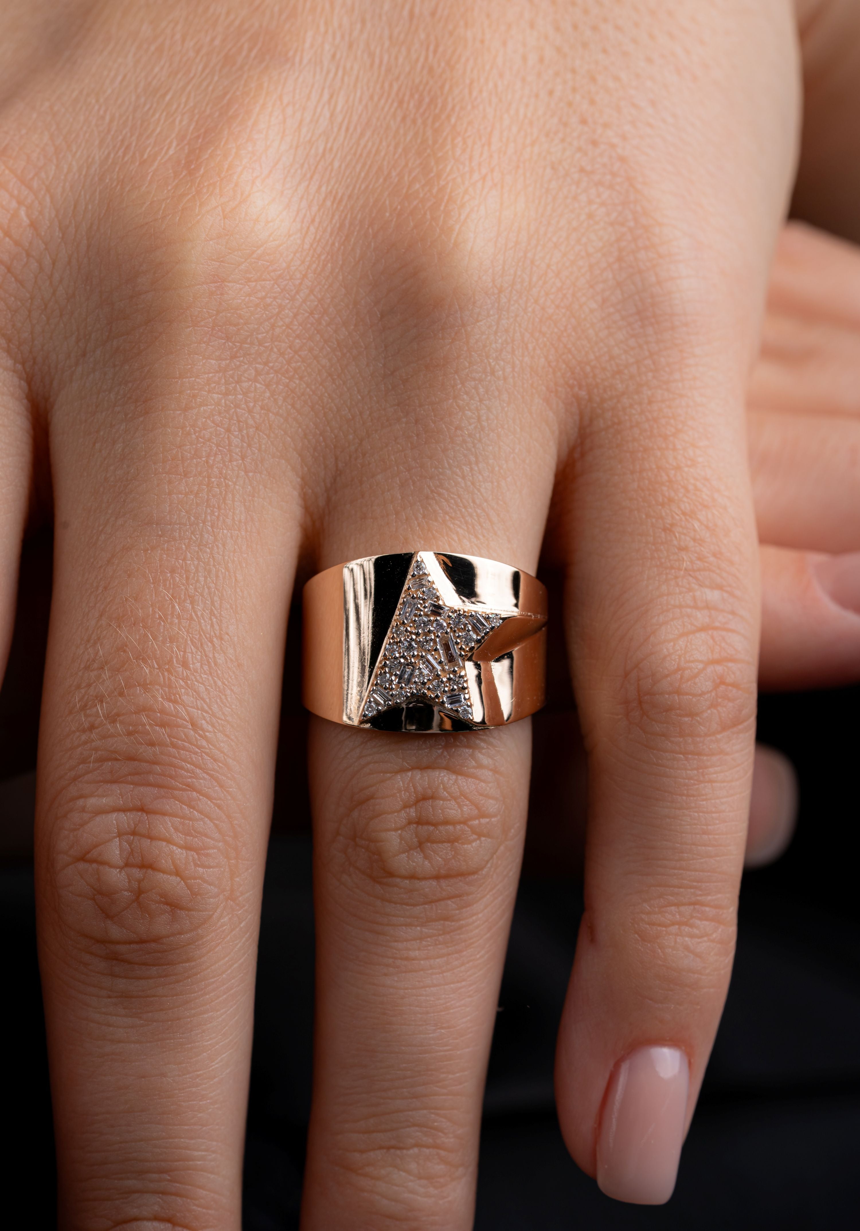 Inel stea LRSR0001 aur roz 14k cu diamante naturale rotunde 0.11ct si diamante naturale baguette 0.11ct