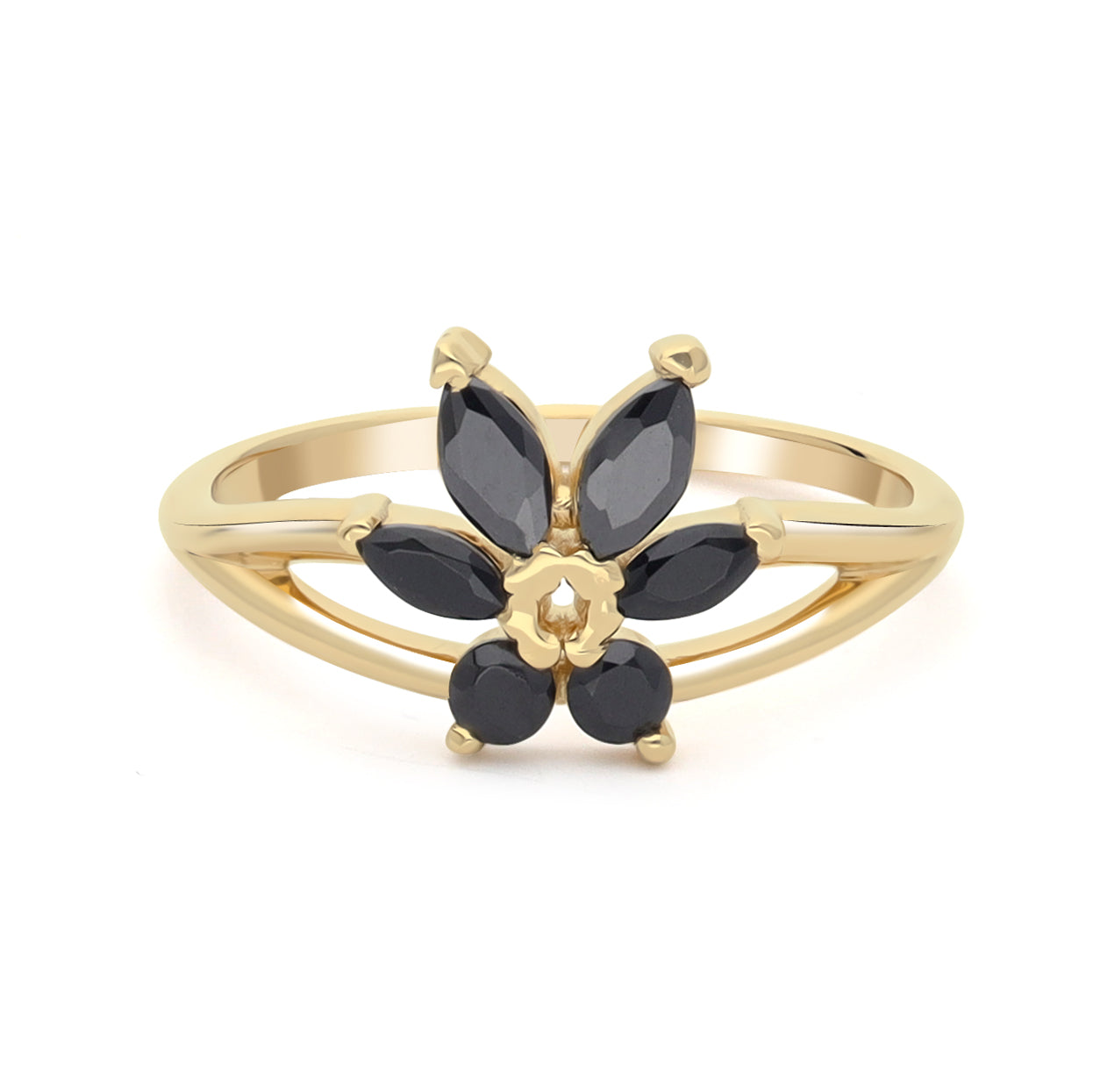 Inel floare din aur galben 14k cu diamante naturale negre 0.75ct