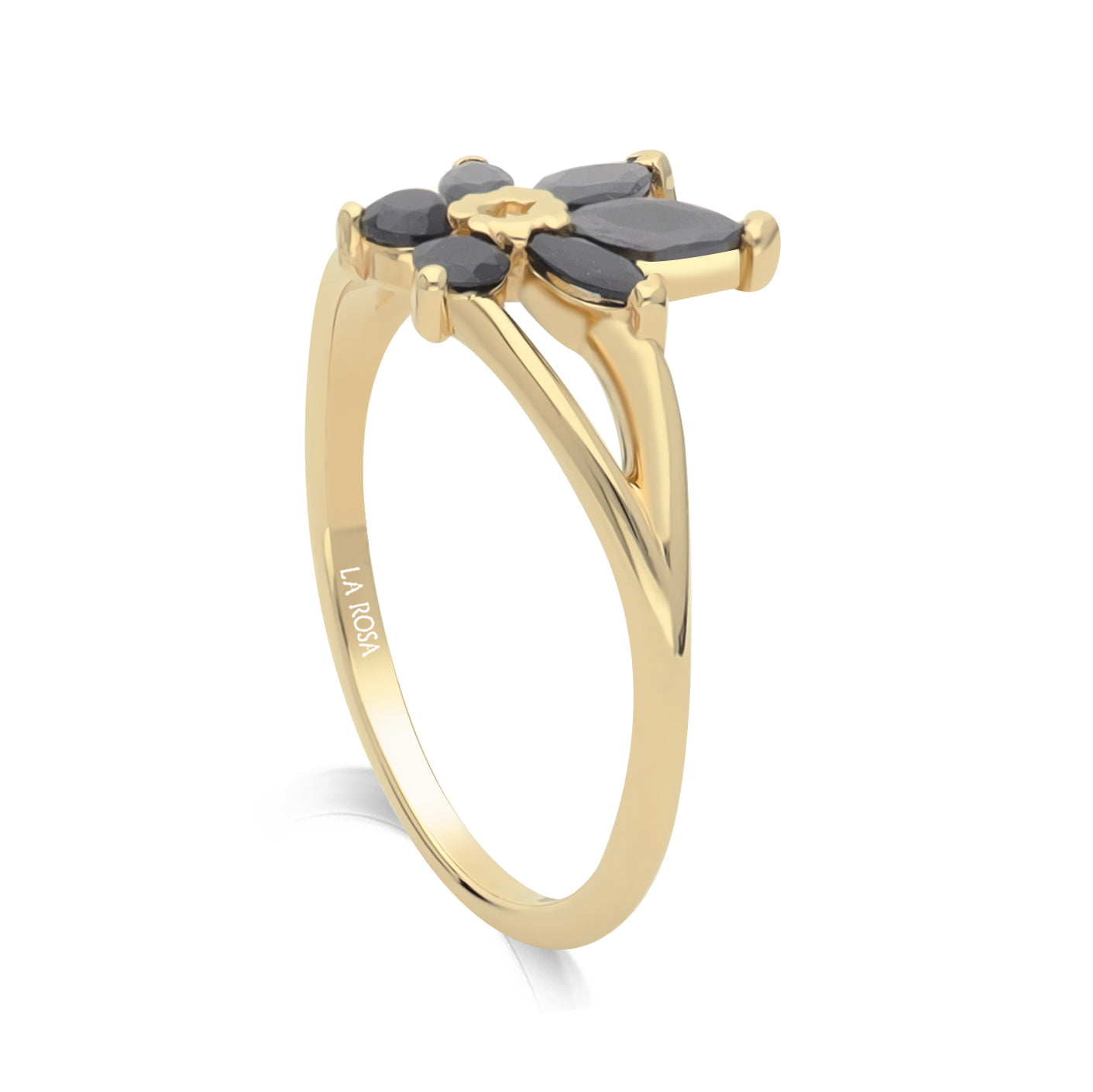 Inel floare din aur galben 14k cu diamante naturale negre 0.75ct