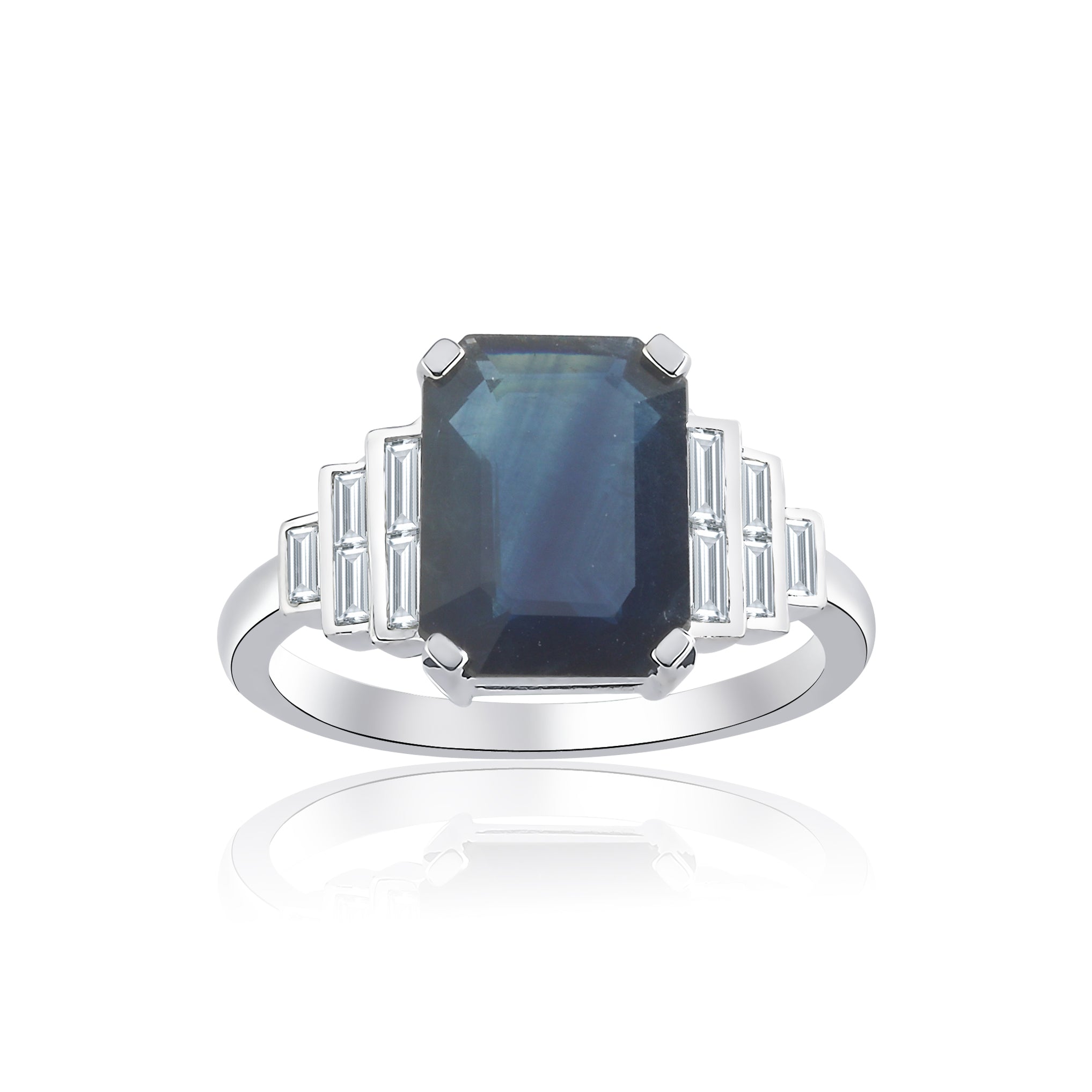 Inel LRSR506 aur alb 18k cu safir 3.33ct si diamante naturale baguette 0.48ct