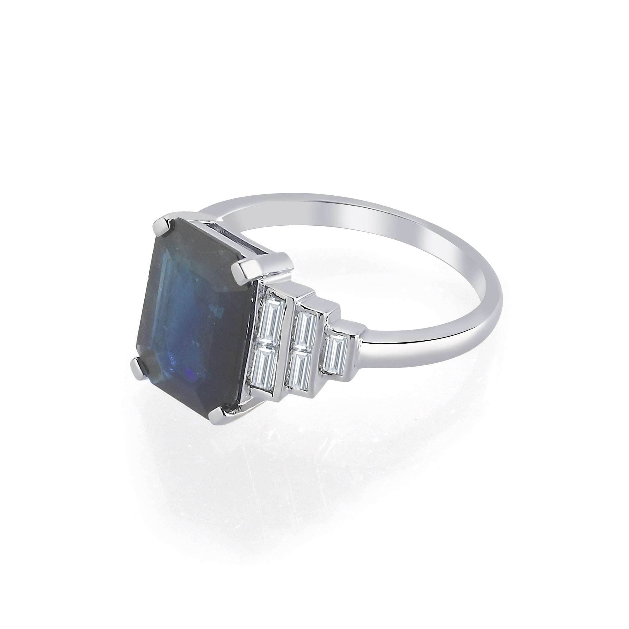 Inel LRSR506 aur alb 18k cu safir 3.33ct si diamante naturale baguette 0.48ct